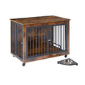 Furniture Style Dog Crate Side Table With Rotatable Feeding Bowl, Wheels, Three Doors, Flip Up Top Opening. Indoor, Rustic Brown, 38.58