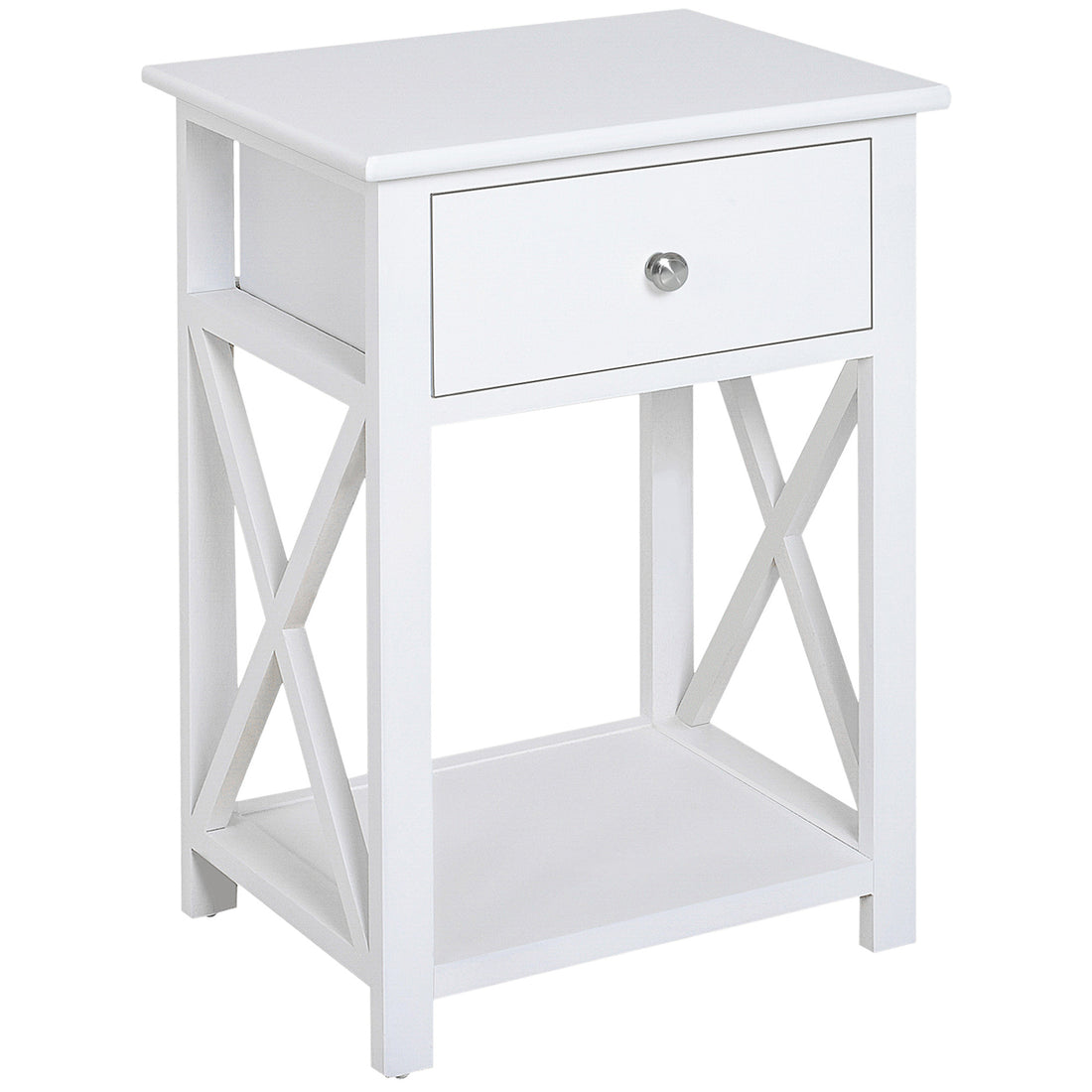 Side Table, Farmhouse End Table With Storage Drawer, Open Shelf And X Frame, Bedside Table For Living Room, White White Engineered Wood