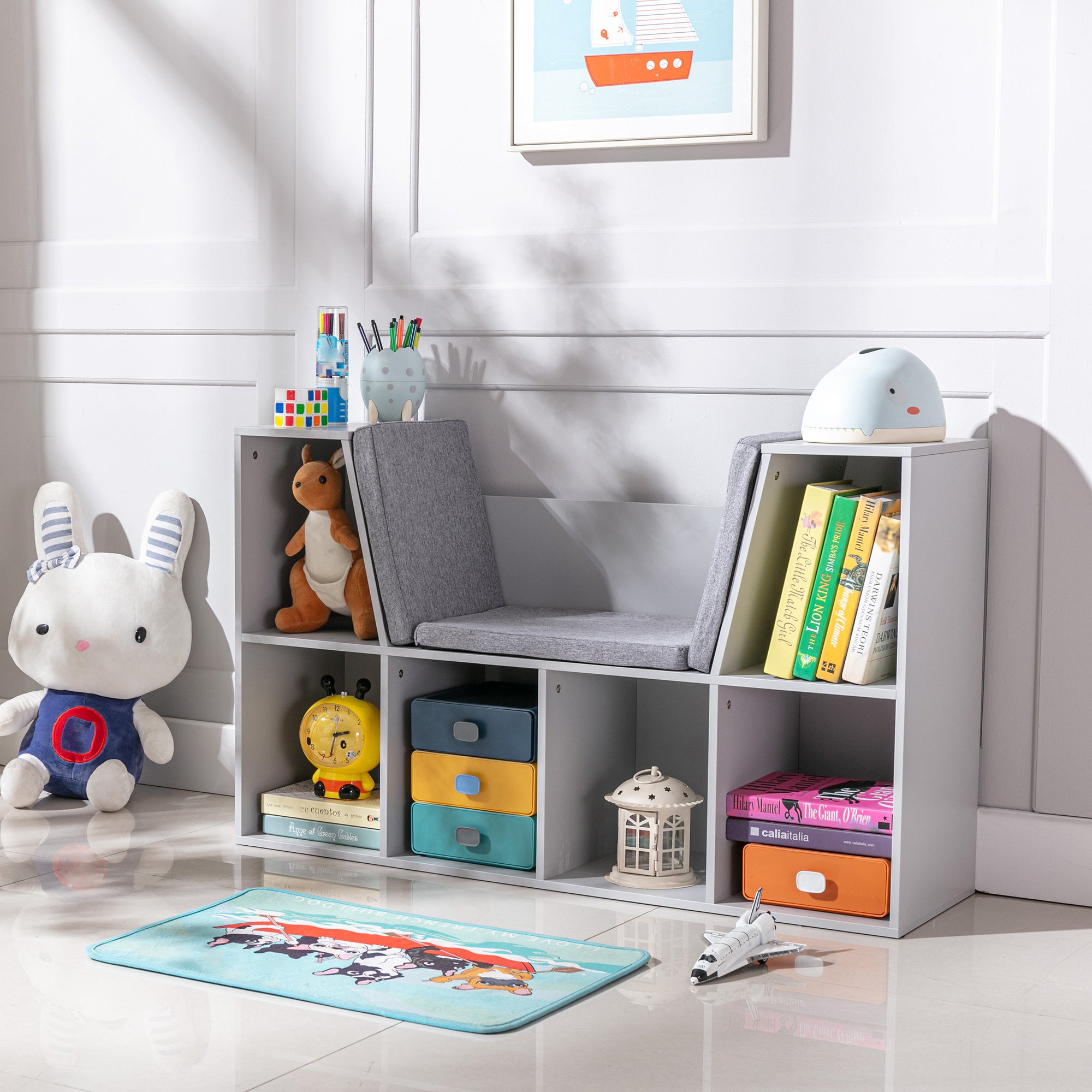 6 Cubby Kids Bookcase with Reading Nook and Cushion gray-mdf