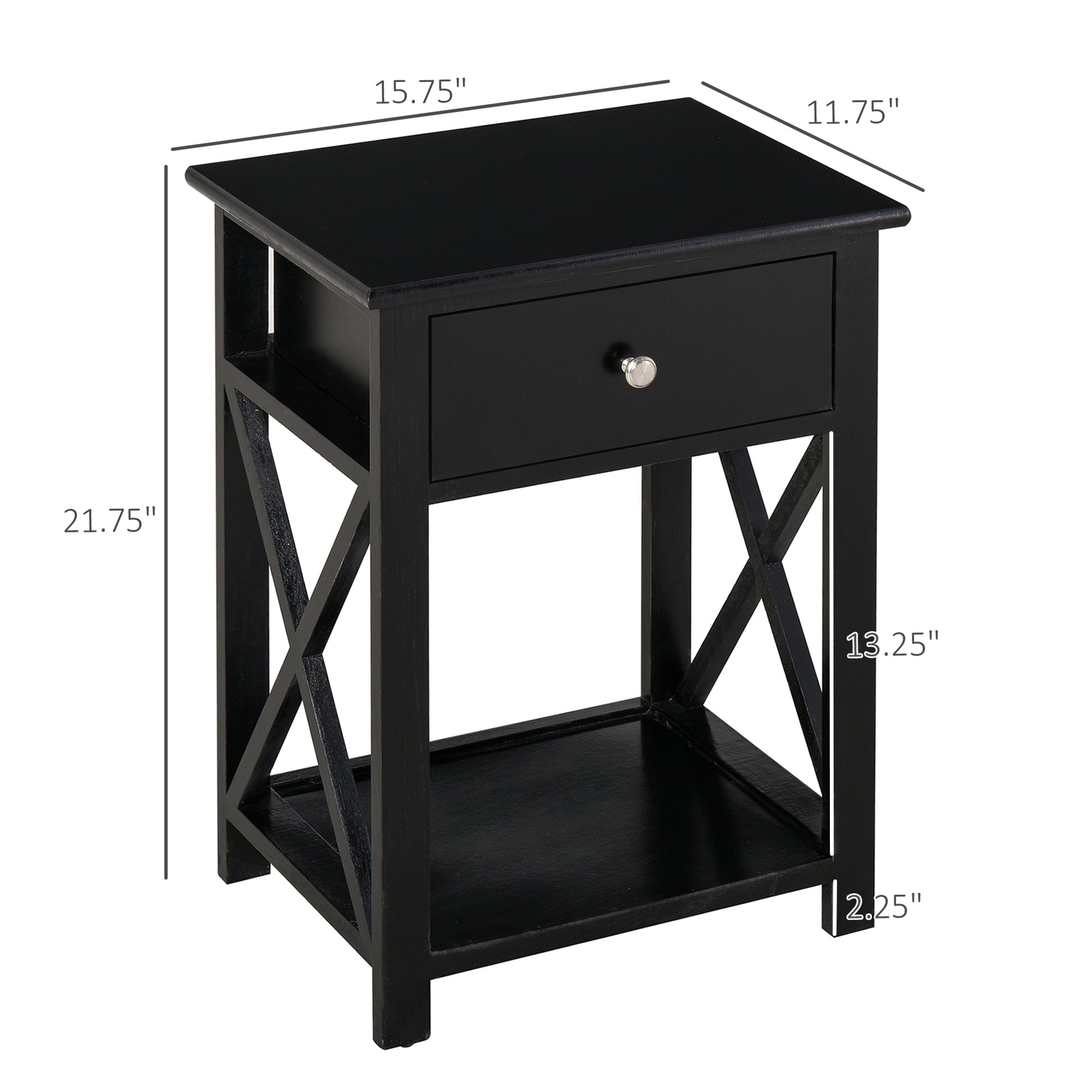 Side Table, Farmhouse End Table With Storage Drawer, Open Shelf And X Frame, Bedside Table For Living Room, Black Black Engineered Wood