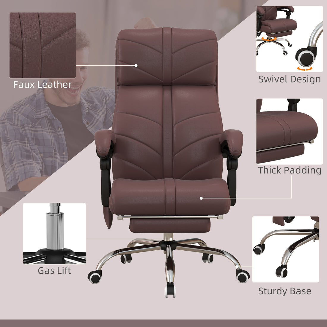 Executive Massage Office Chair With 4 Vibration, Computer Desk Chair, Pu Leather Heated Reclining Chair With Adjustable Height, Swivel Wheels, Brown Brown Pu Leather
