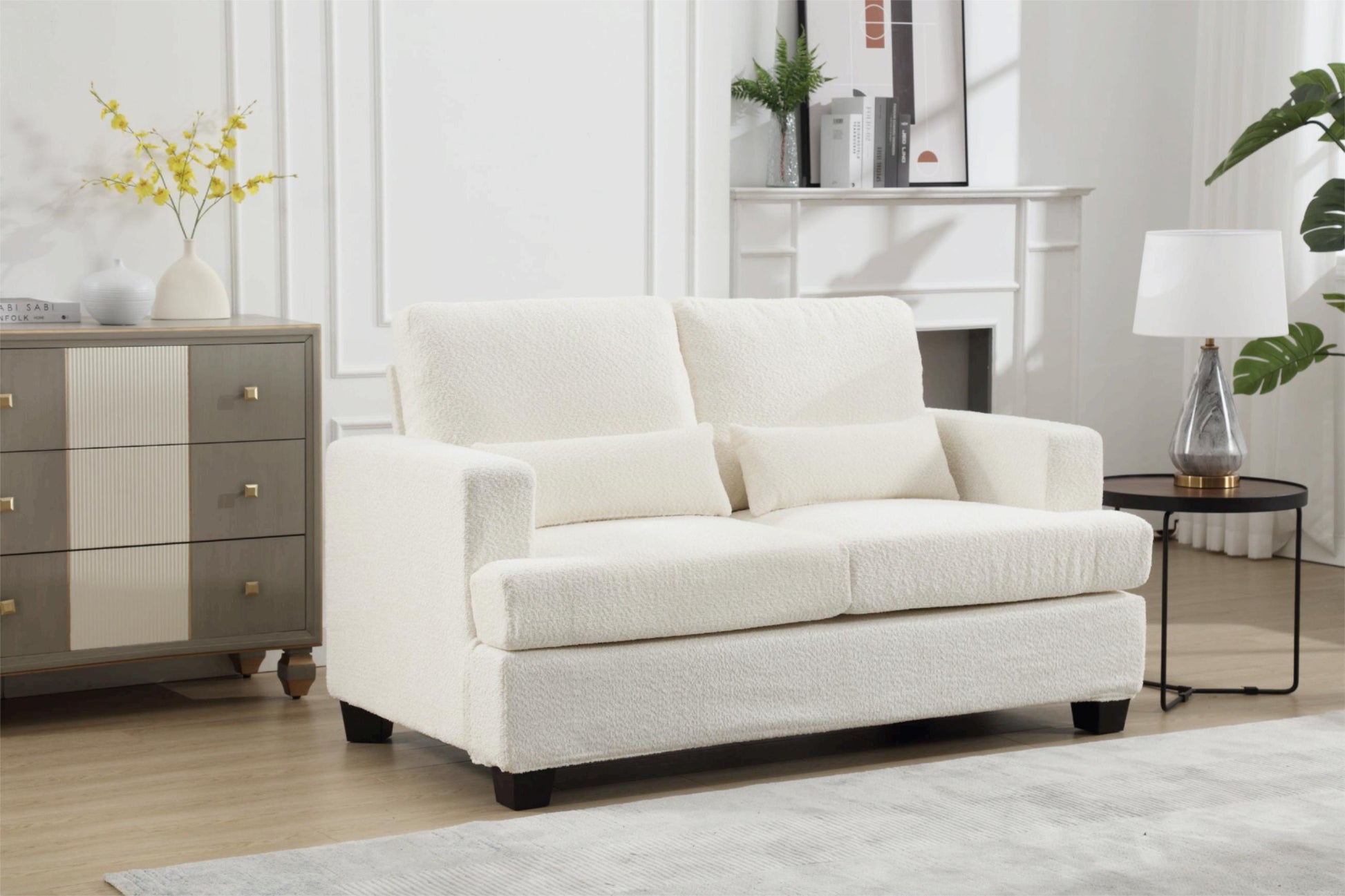 63" Length Modern Loveseat For Living Room, Sofas & Couches With Square Armrest, Removable Back Cushion And 2Pcs Waist Pillow White&Gray Fabric White Wood Primary Living Space Wood 2 Seat