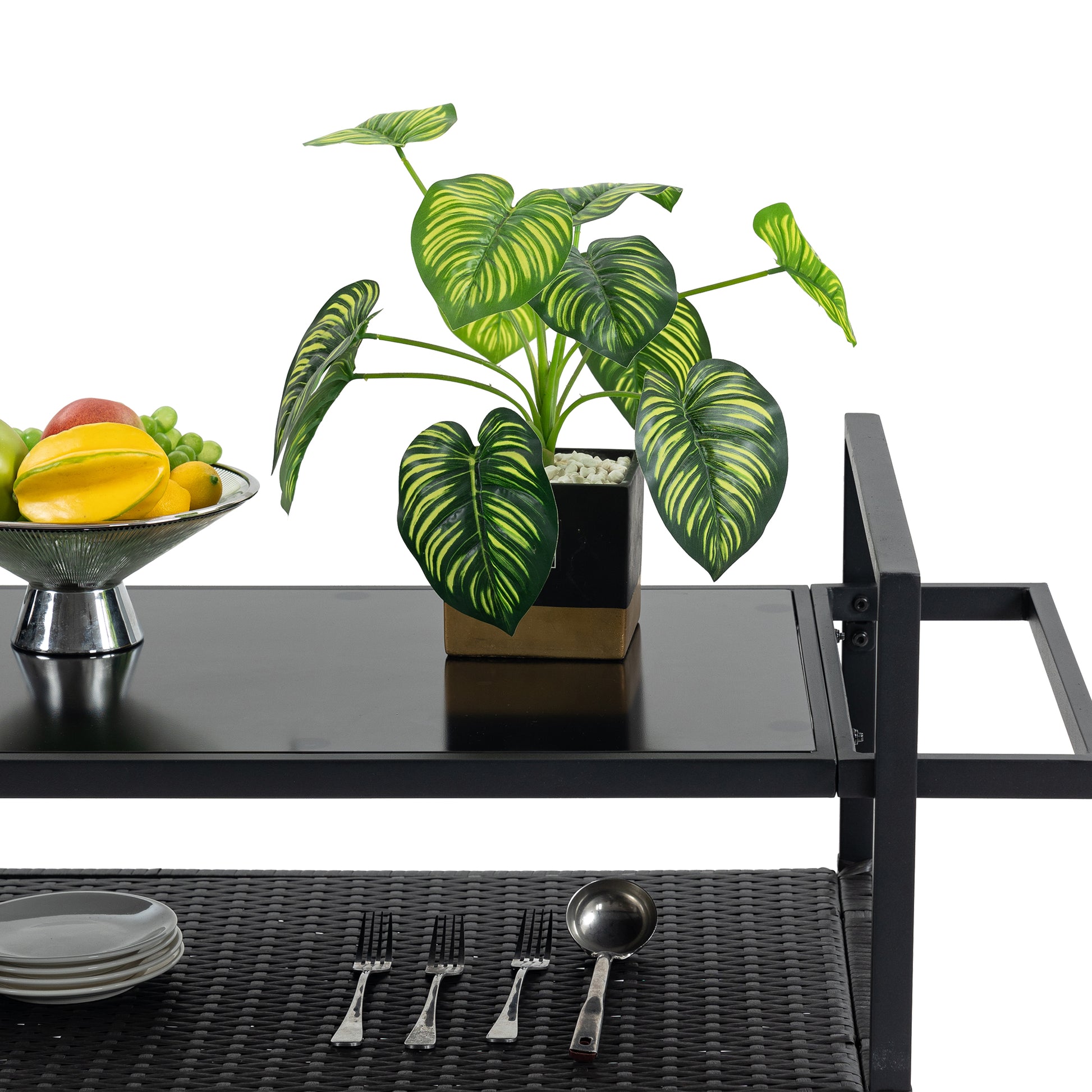 Outdoor Wicker Bar Cart, Patio Wine Serving Cart W Wheels, Rolling Rattan Beverage Bar Counter Table W Glass Top For Porch Backyard Garden Poolside Party, Black No Black Garden & Outdoor Steel