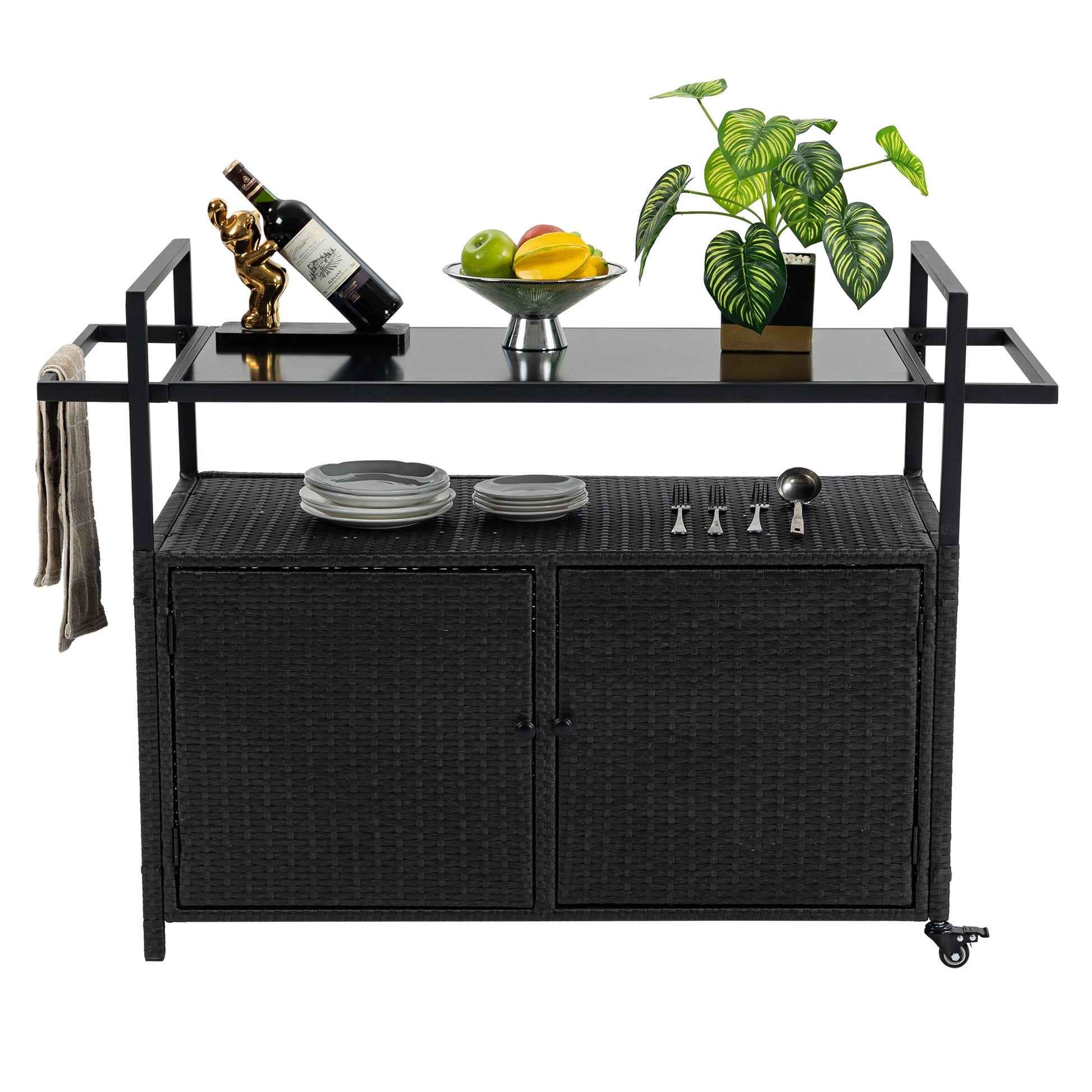 Outdoor Wicker Bar Cart, Patio Wine Serving Cart W Wheels, Rolling Rattan Beverage Bar Counter Table W Glass Top For Porch Backyard Garden Poolside Party, Black No Black Garden & Outdoor Steel