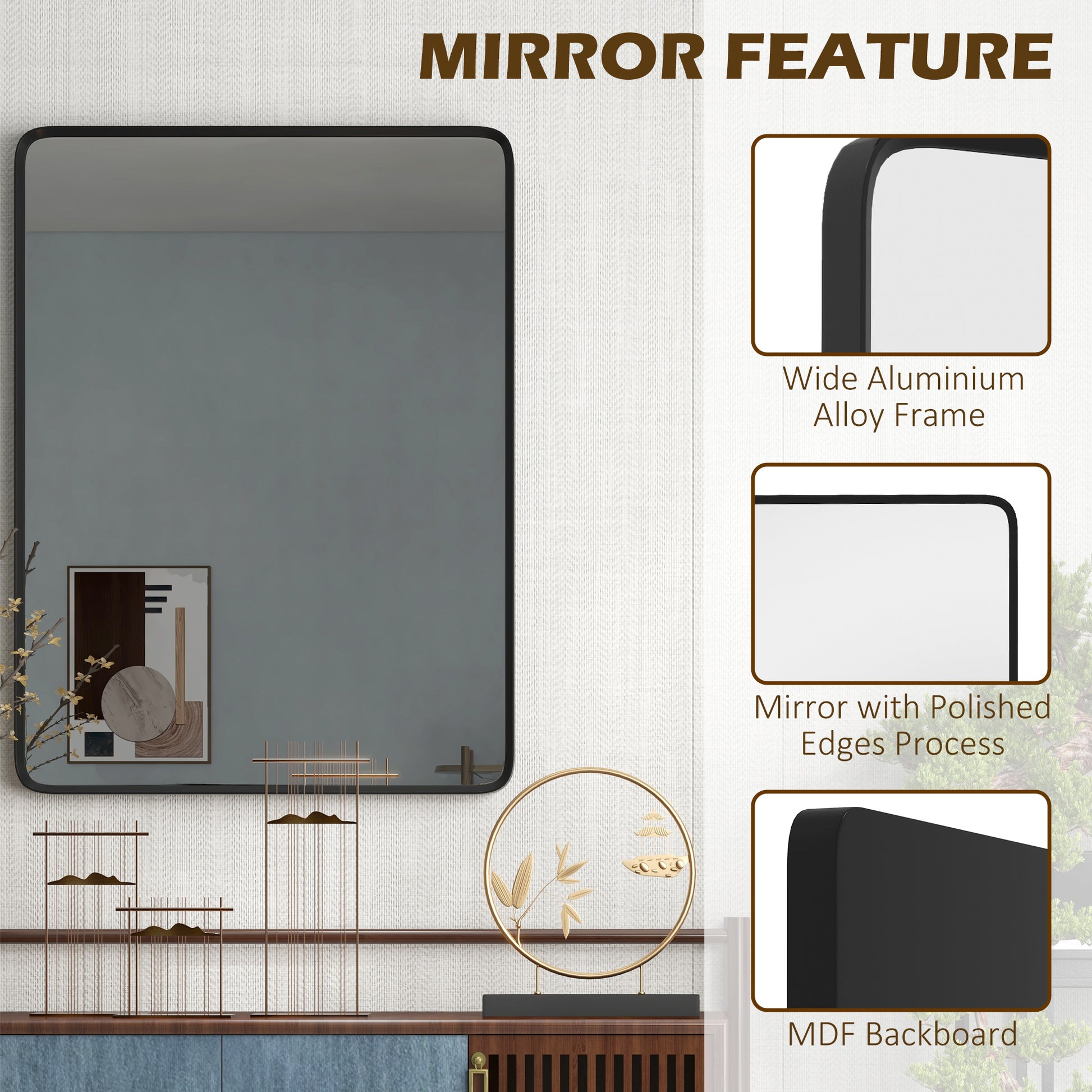 30 X 22 Inch Wall Mirror, Aluminum Frame Rectangular Wall Mirrors Decorative Mirror, 5 Layer Float Technology Mirror For Home Decor, Bathroom, Corner Hangs Horizontal Vertical Black Mdf