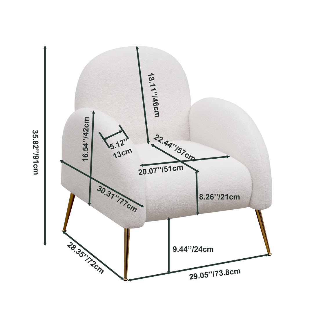 Accent Upholstered Single Chair White Sherpa Armchair With Golden Legs For Living Room, Bedroom, Office White Primary Living Space Modern Foam Sherpa