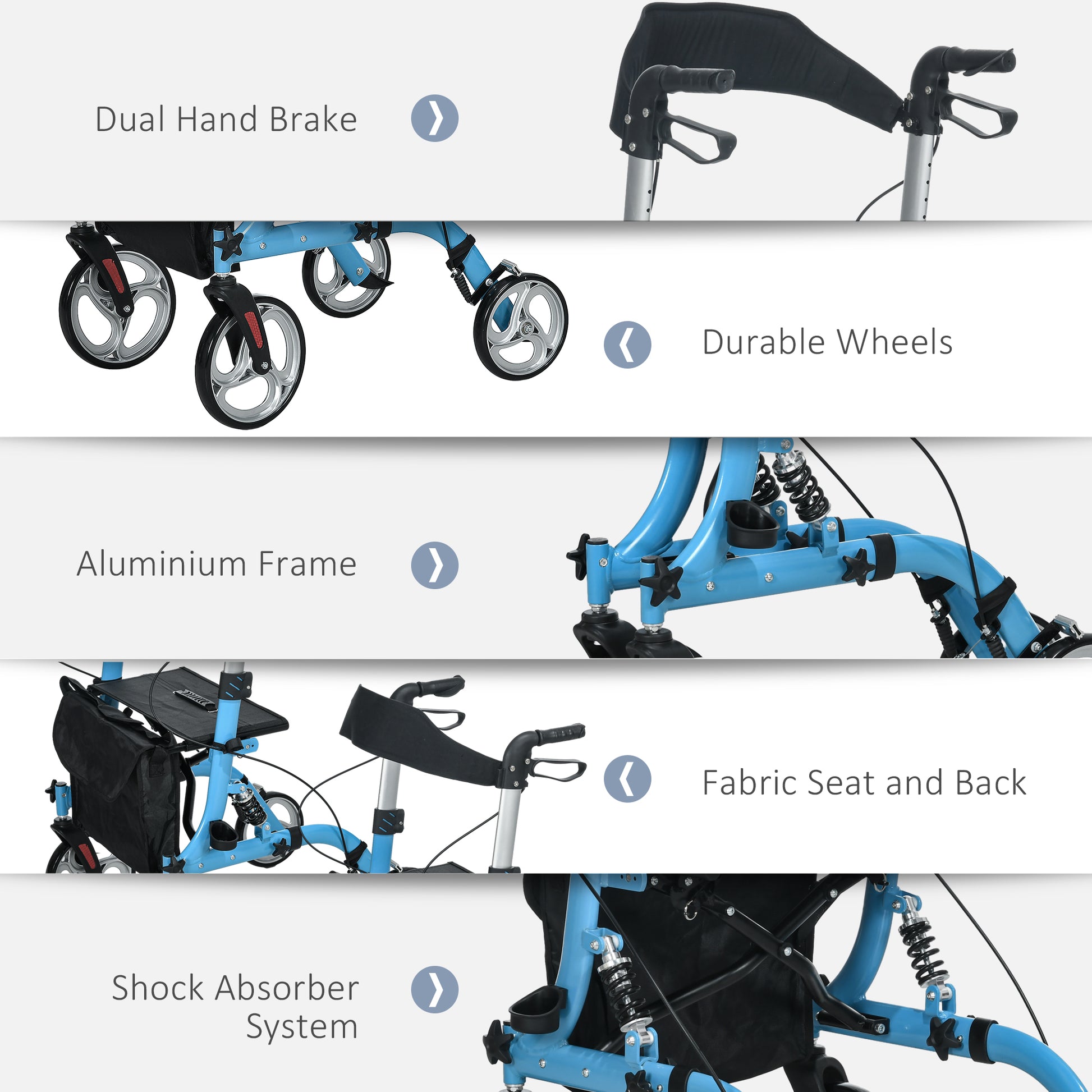 Rollator Walker With Seat And Backrest, Height Adjustable Aluminum Rolling Walker With 10'' Front Wheels, Storage Bag, Lightweight Mobility Walking Aid For Seniors, Adults, 300Lb Capacity, Blue Light Blue Aluminium