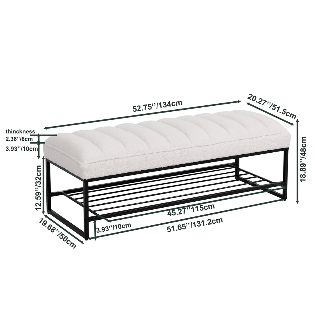 Channel Tufted Bench With Metal Shelf White Sherpa Upholstered Benches End Of Bed Ottoman For Bedroom, Living Room, Entryway White White Bedroom Rectangular Modern Foam Sherpa