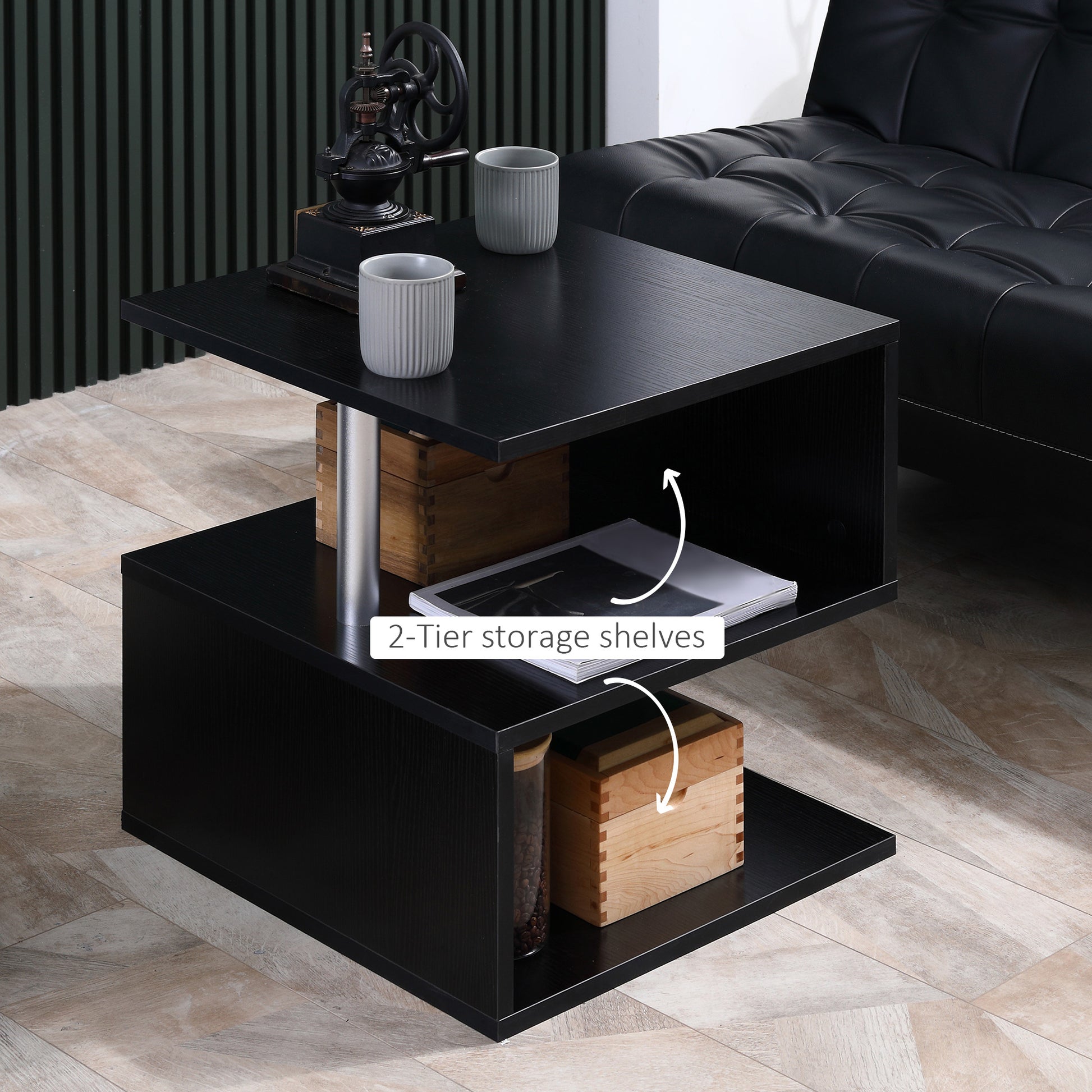 20" Modern End Table, Accent Side Table, S Shaped Coffee Table With Storage Shelf And Steel Poles, Black Black Particle Board