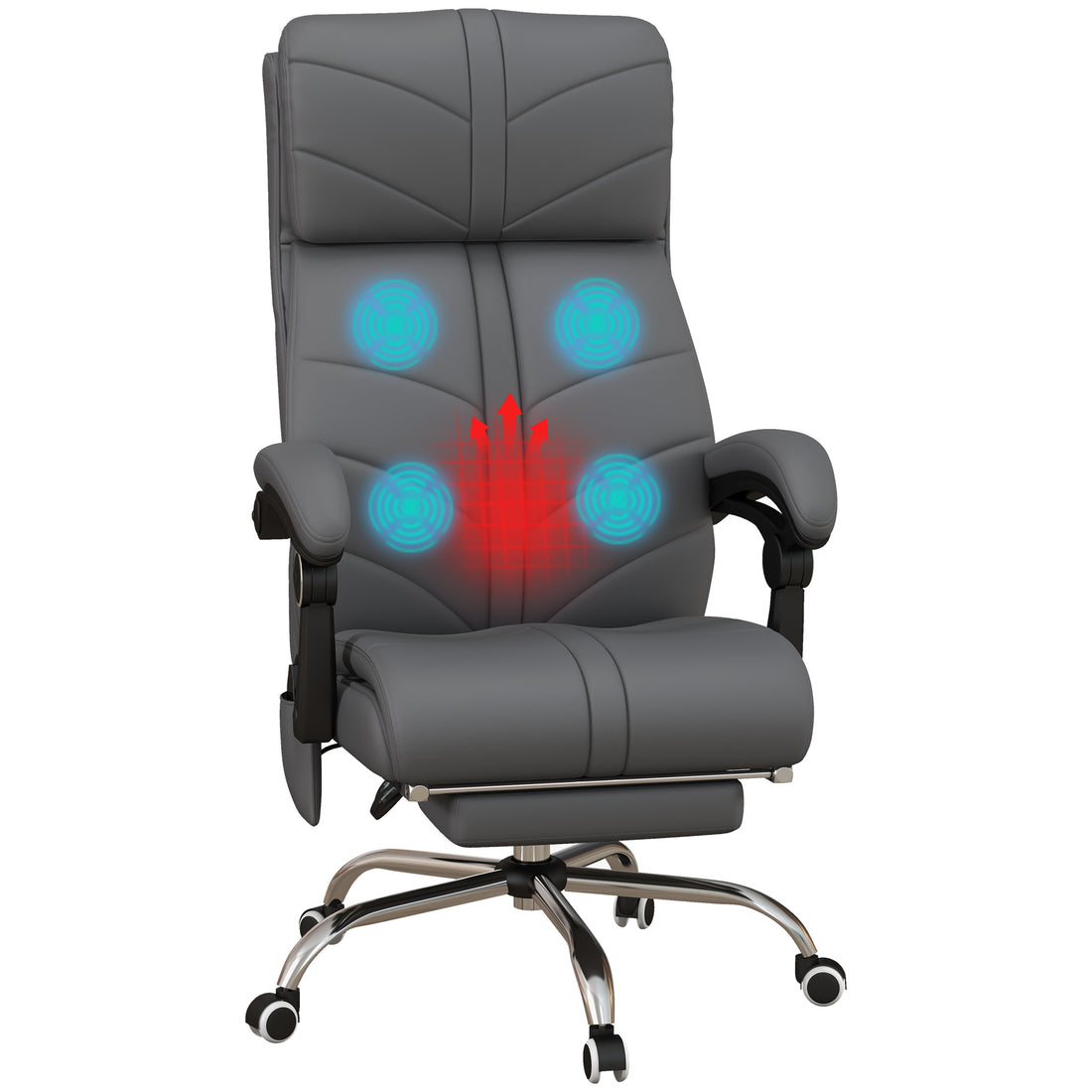 Executive Massage Office Chair With 4 Vibration, Computer Desk Chair, Pu Leather Heated Reclining Chair With Adjustable Height, Swivel Wheels, Gray Gray Pu Leather