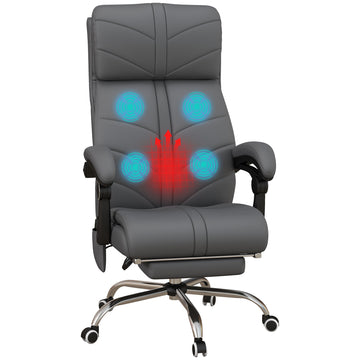 Executive Massage Office Chair With 4 Vibration, Computer Desk Chair, Pu Leather Heated Reclining Chair With Adjustable Height, Swivel Wheels, Gray Gray Pu Leather