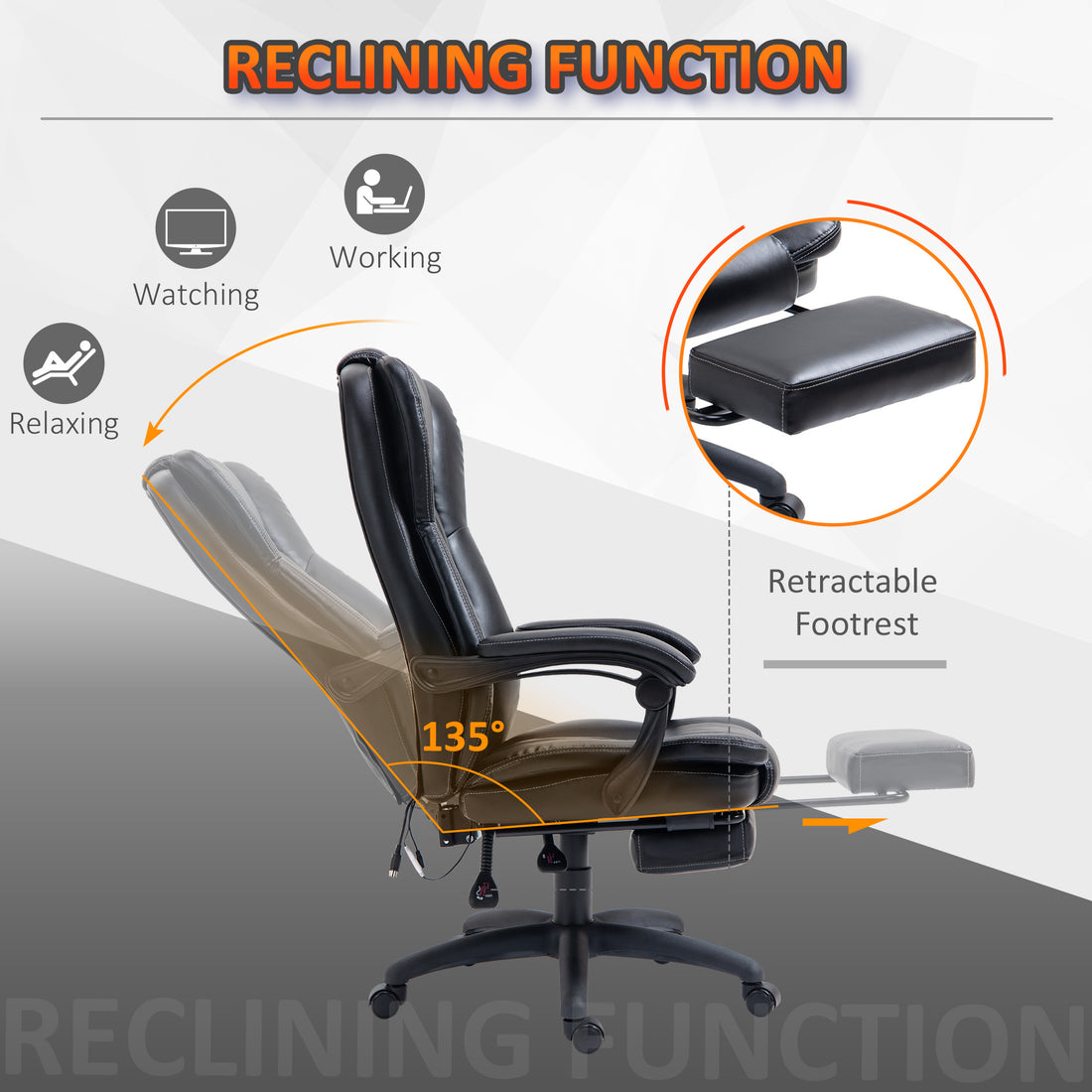 High Back Massage Office Chair With 6 Point Vibration, 5 Modes, Executive Chair, Pu Leather Swivel Chair With Reclining Back, And Retractable Footrest, Black Black Pu