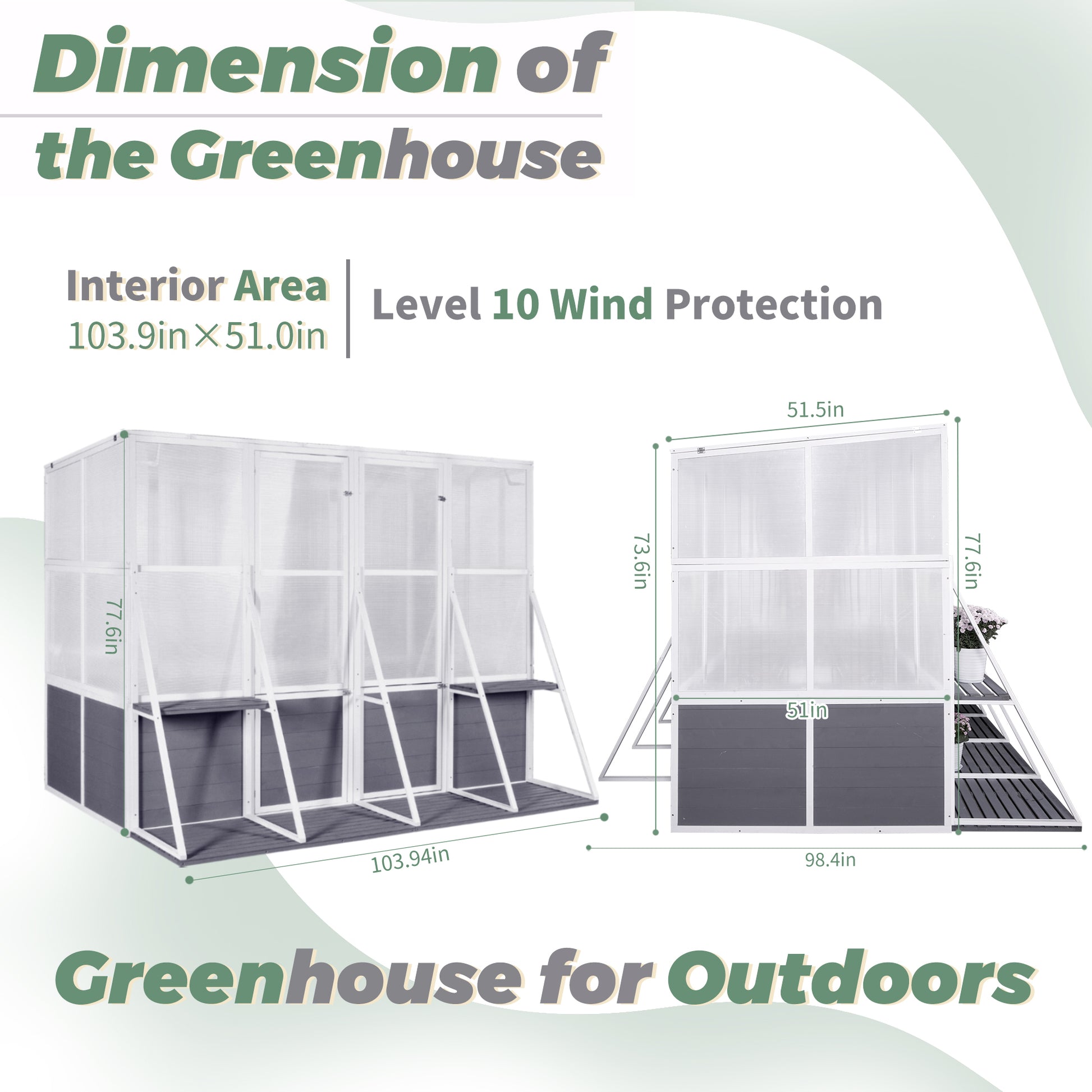 Greenhouse, Wooden Lean To Greenhouses For Outdoors, Heavy Duty Walk In Green House For Outside Winter, Large Hot House For Sunroom Storage Shed, Garden, Backyard 103.9''X98.4''X77.6'' White Gray Weather Resistant Frame Garden & Outdoor Wood Glass
