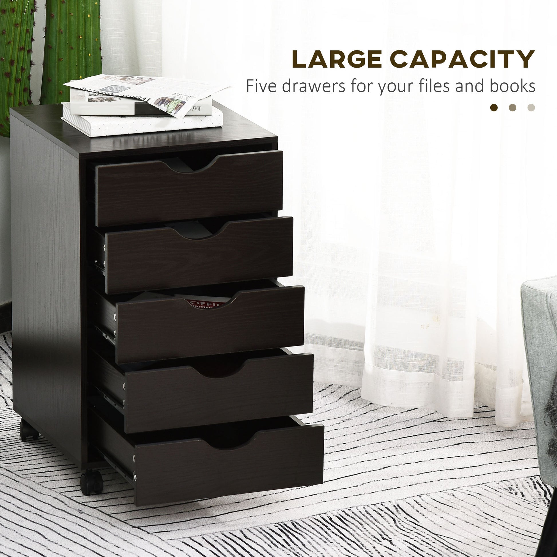 5 Drawer File Cabinet Storage Organizer Filing Cabinet With Nordic Minimalist Modern Style & Wheels, Brown Brown Particle Board