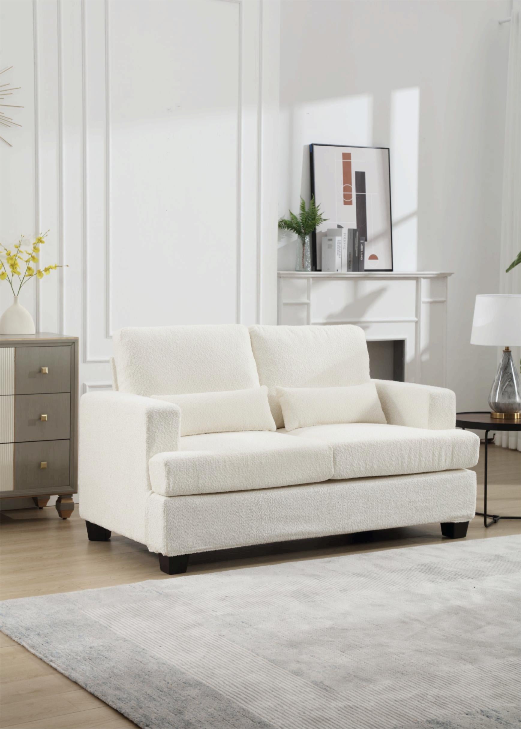 63" Length Modern Loveseat For Living Room, Sofas & Couches With Square Armrest, Removable Back Cushion And 2Pcs Waist Pillow White&Gray Fabric White Wood Primary Living Space Wood 2 Seat