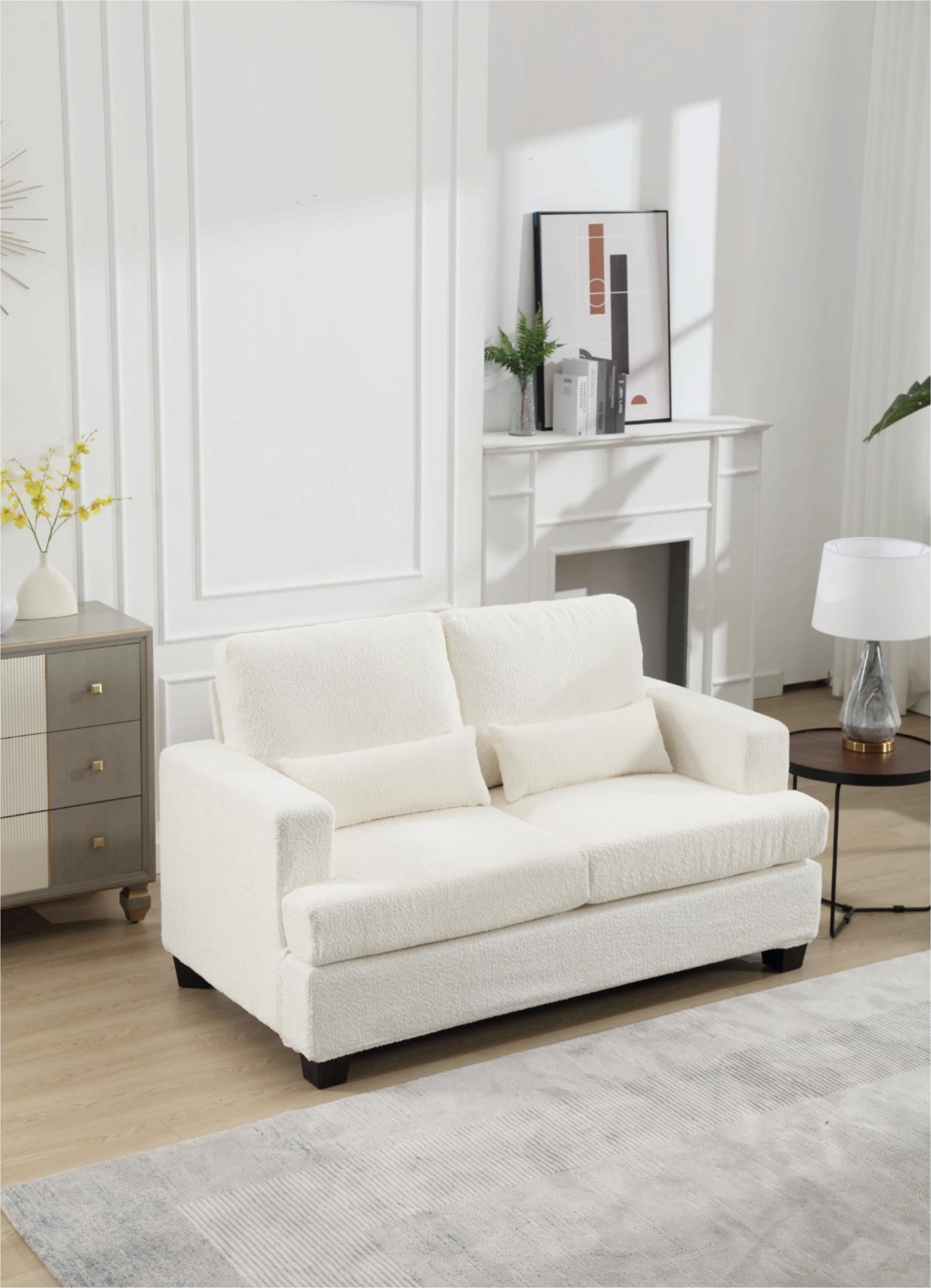 63" Length Modern Loveseat For Living Room, Sofas & Couches With Square Armrest, Removable Back Cushion And 2Pcs Waist Pillow White&Gray Fabric White Wood Primary Living Space Wood 2 Seat