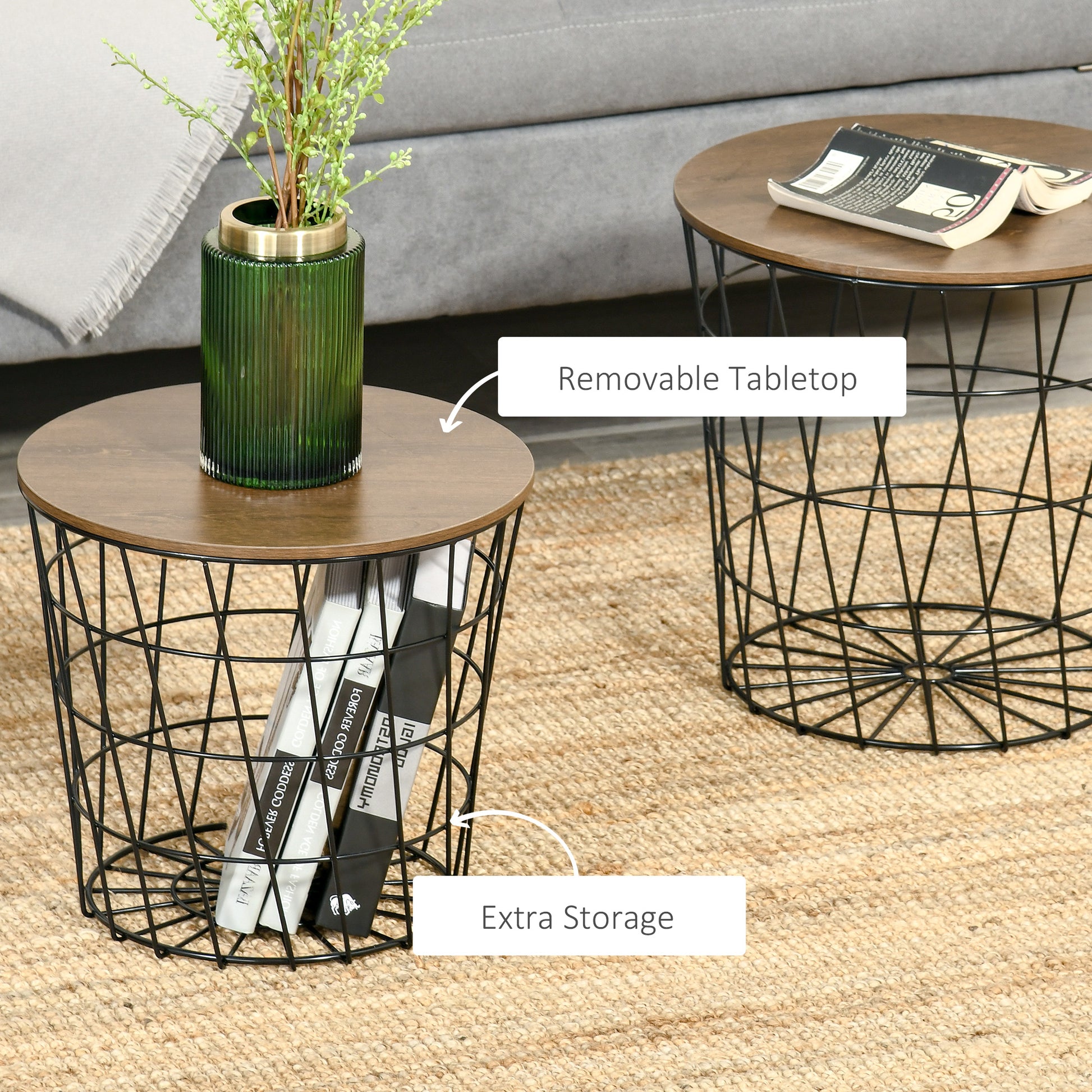 End Tables Set Of 2, Nesting Tables With Storage, Round Accent Side Tables With Removable Top For Living Room, Bedroom, Black Brown Black Steel