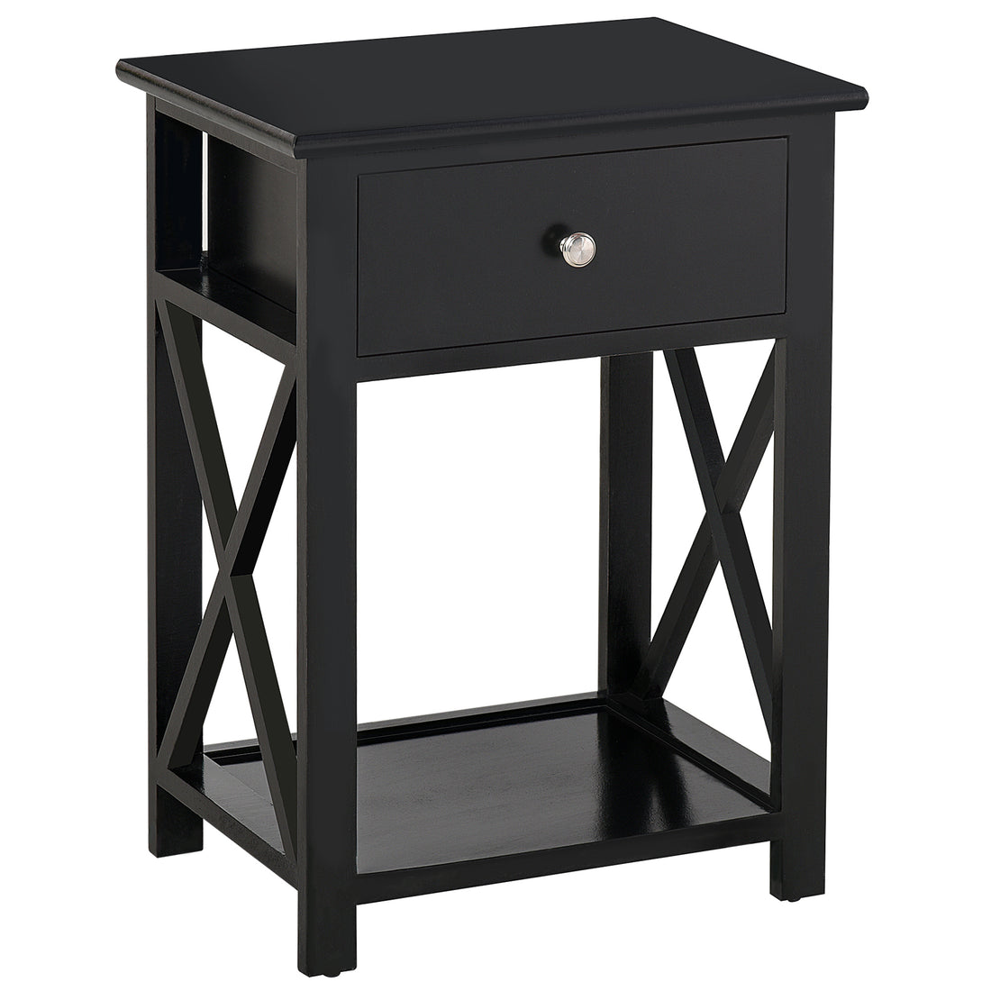Side Table, Farmhouse End Table With Storage Drawer, Open Shelf And X Frame, Bedside Table For Living Room, Black Black Engineered Wood