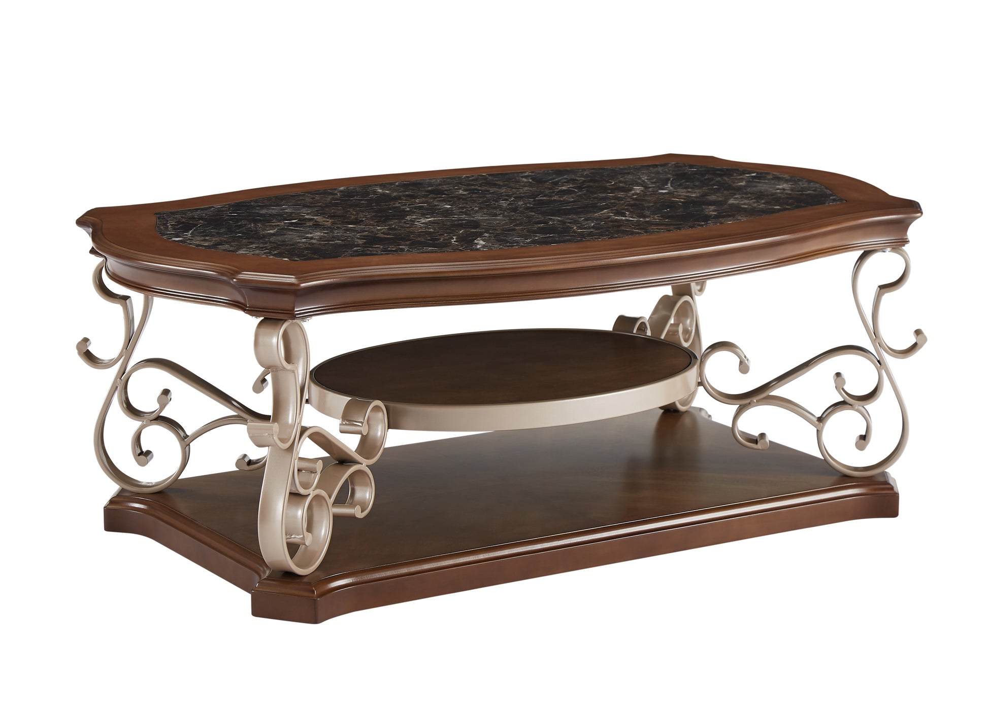 Cocktail Table, Marble Paper Top, Mdf With Birch Veneer Middle Shelf And Bottompowder Coat Finish Metal Legs. 52"Lx32"Wx20 "H Champagne Brown Dining Room American Design Birch Coffee & End Tables Mdf