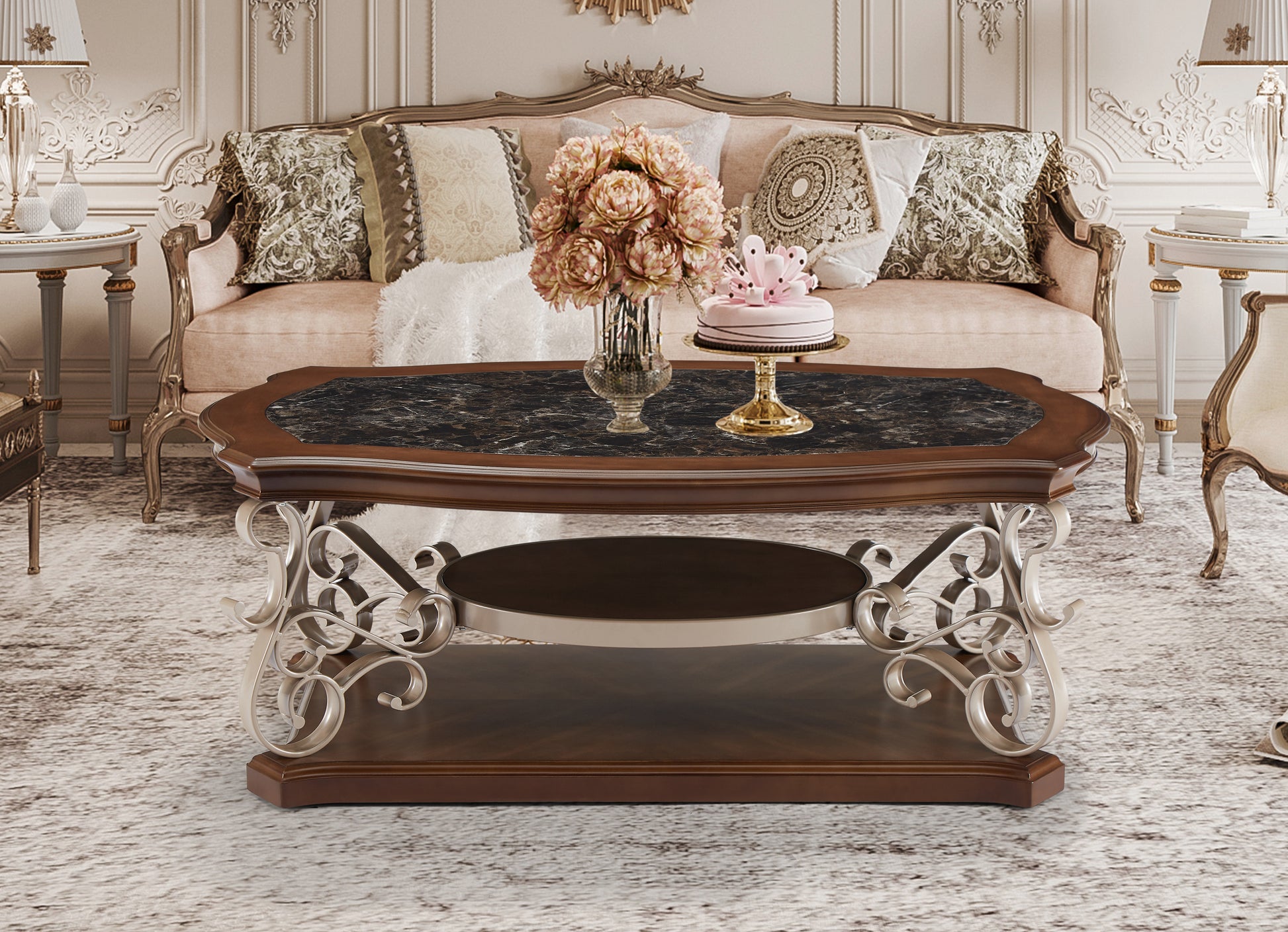 Cocktail Table, Marble Paper Top, Mdf With Birch Veneer Middle Shelf And Bottompowder Coat Finish Metal Legs. 52"Lx32"Wx20 "H Champagne Brown Dining Room American Design Birch Coffee & End Tables Mdf