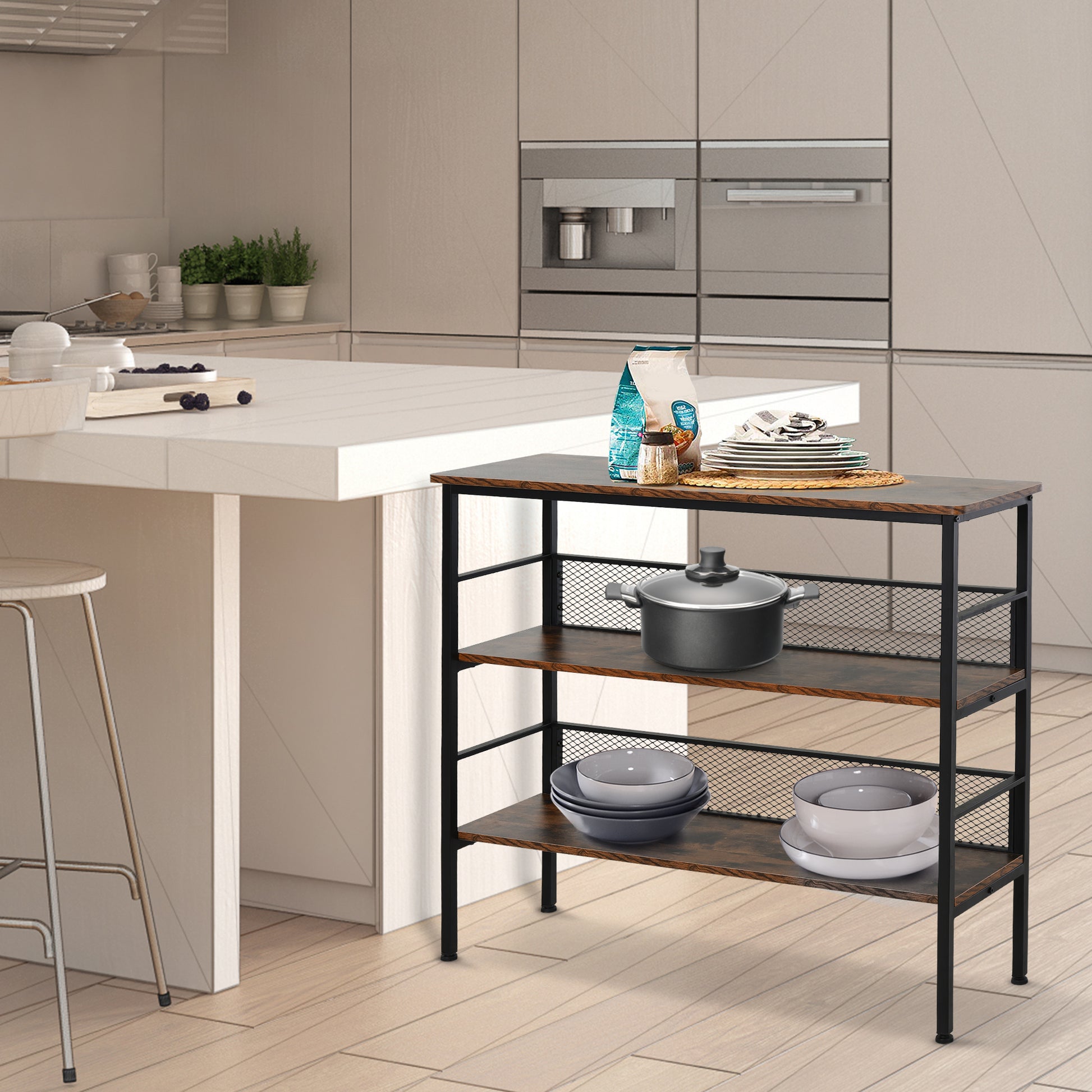 3 Tier Console Table Industrial Style Storage Metal Wooden Shelf With A Robust Multi Functional Design & Adjustable Feet, Black Rustic Brown Mdf Steel