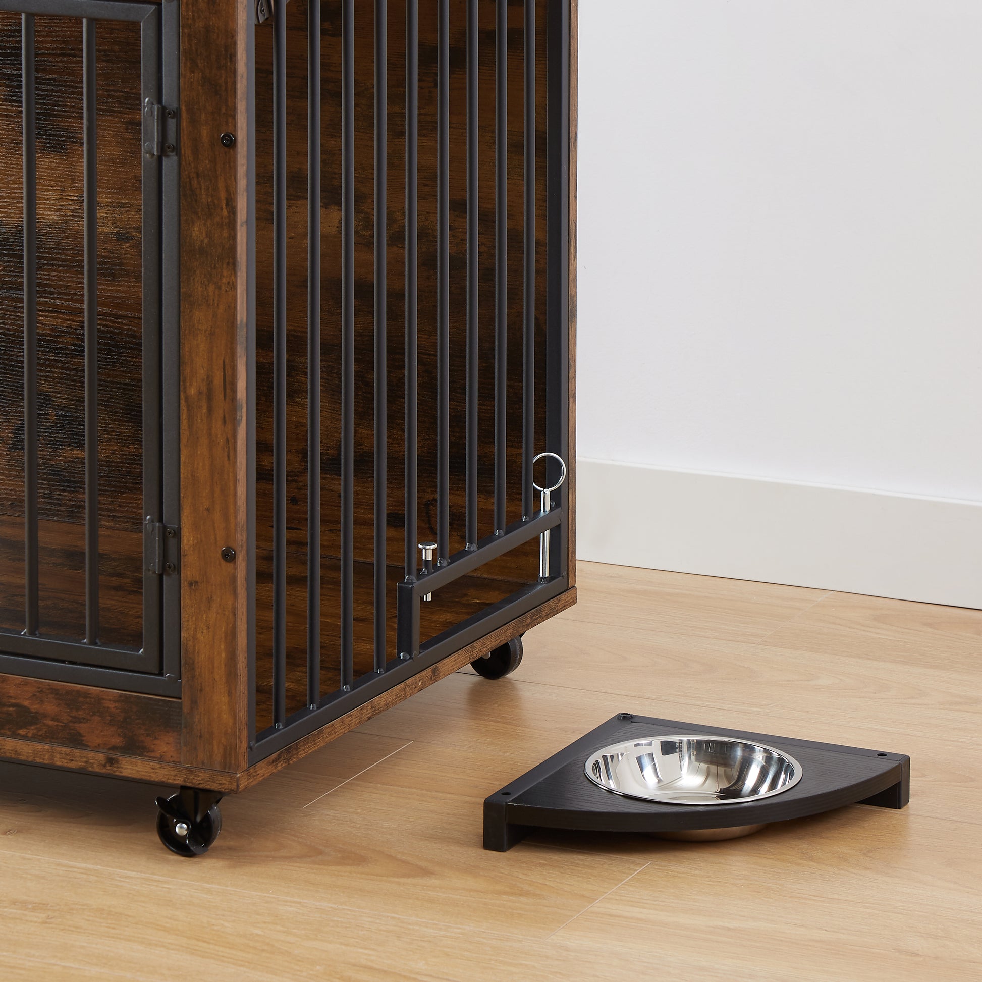 Furniture Style Dog Crate Side Table With Rotatable Feeding Bowl, Wheels, Three Doors, Flip Up Top Opening. Indoor, Rustic Brown, 38.58"W X 25.2"D X 27.17"H Rustic Brown Particle Board