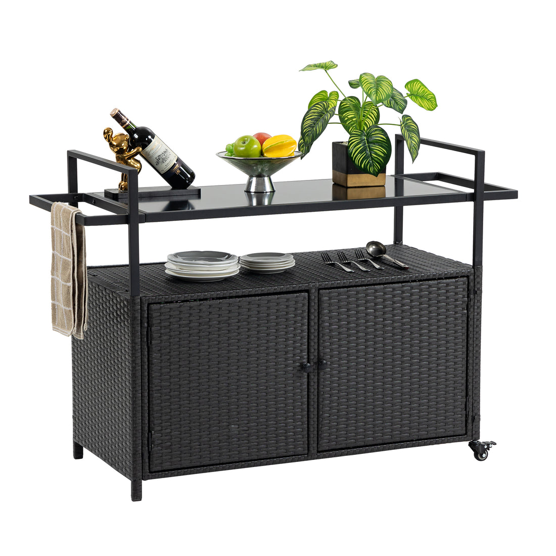 Outdoor Wicker Bar Cart, Patio Wine Serving Cart W Wheels, Rolling Rattan Beverage Bar Counter Table W Glass Top For Porch Backyard Garden Poolside Party, Black No Black Garden & Outdoor Steel