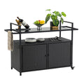 Outdoor Wicker Bar Cart, Patio Wine Serving Cart W Wheels, Rolling Rattan Beverage Bar Counter Table W Glass Top For Porch Backyard Garden Poolside Party, Black No Black Garden & Outdoor Steel