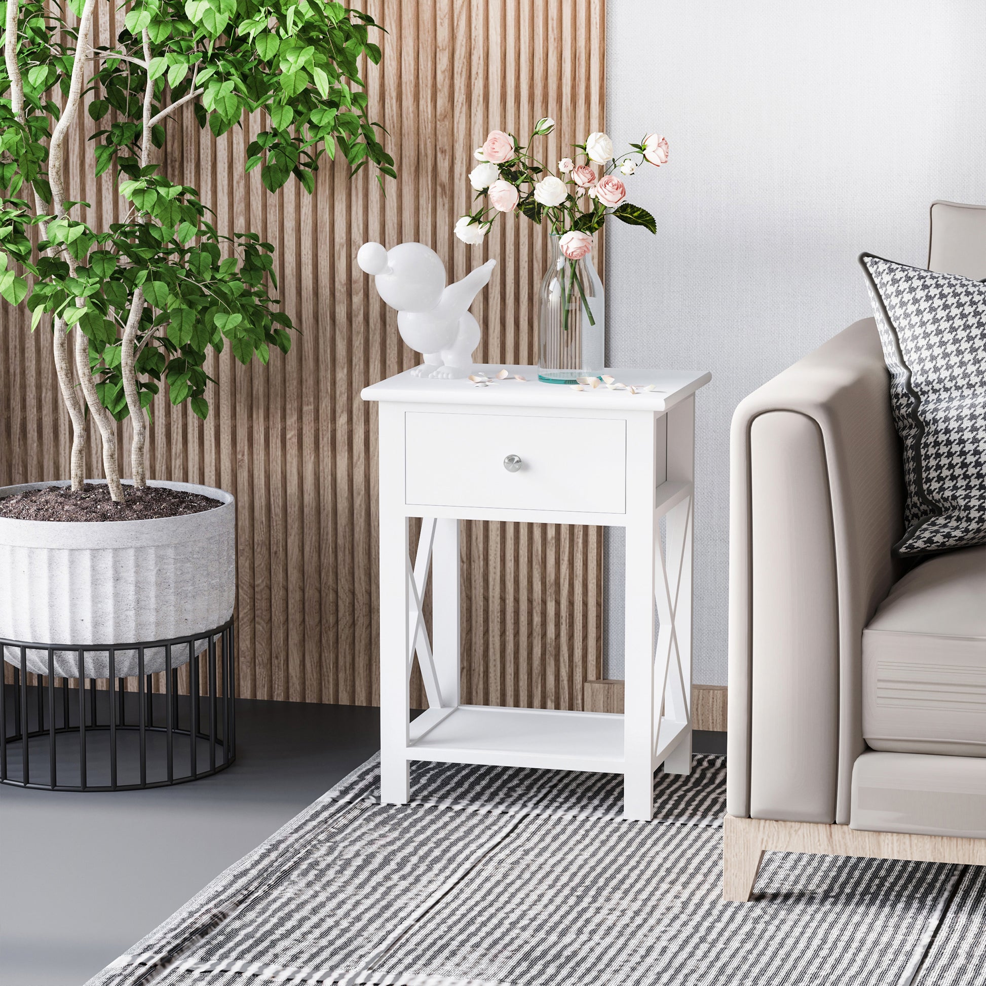 Side Table, Farmhouse End Table With Storage Drawer, Open Shelf And X Frame, Bedside Table For Living Room, White White Engineered Wood