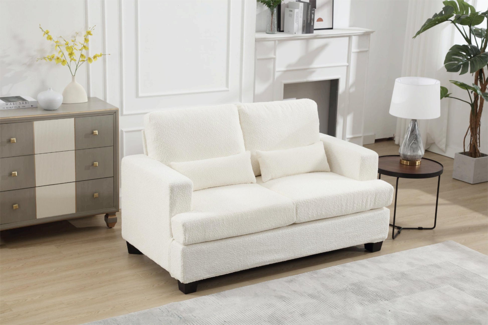 63" Length Modern Loveseat For Living Room, Sofas & Couches With Square Armrest, Removable Back Cushion And 2Pcs Waist Pillow White&Gray Fabric White Wood Primary Living Space Wood 2 Seat