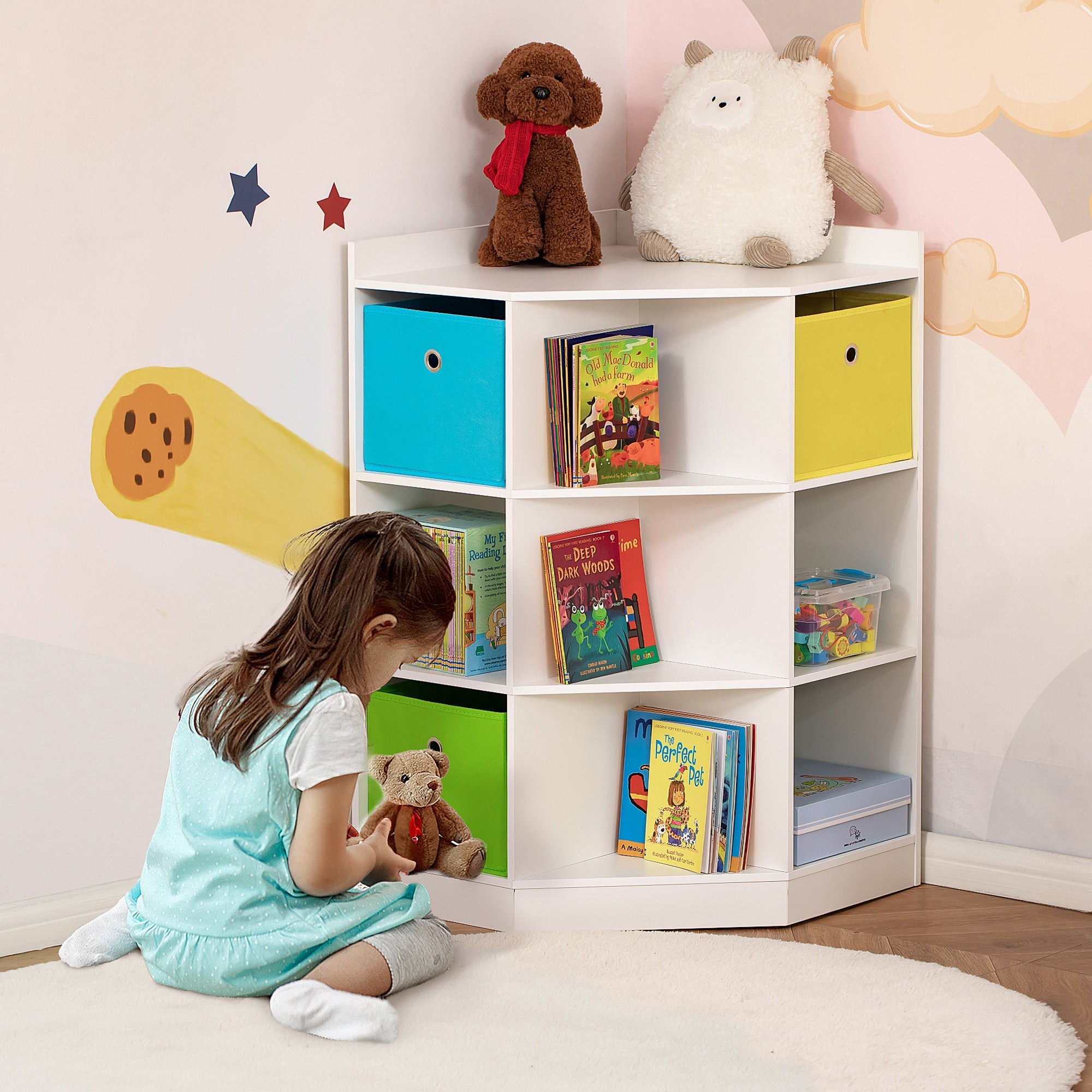 Kids Corner Cabinet, Cubby Toy Storage Organizer, Bookshelf Unit With