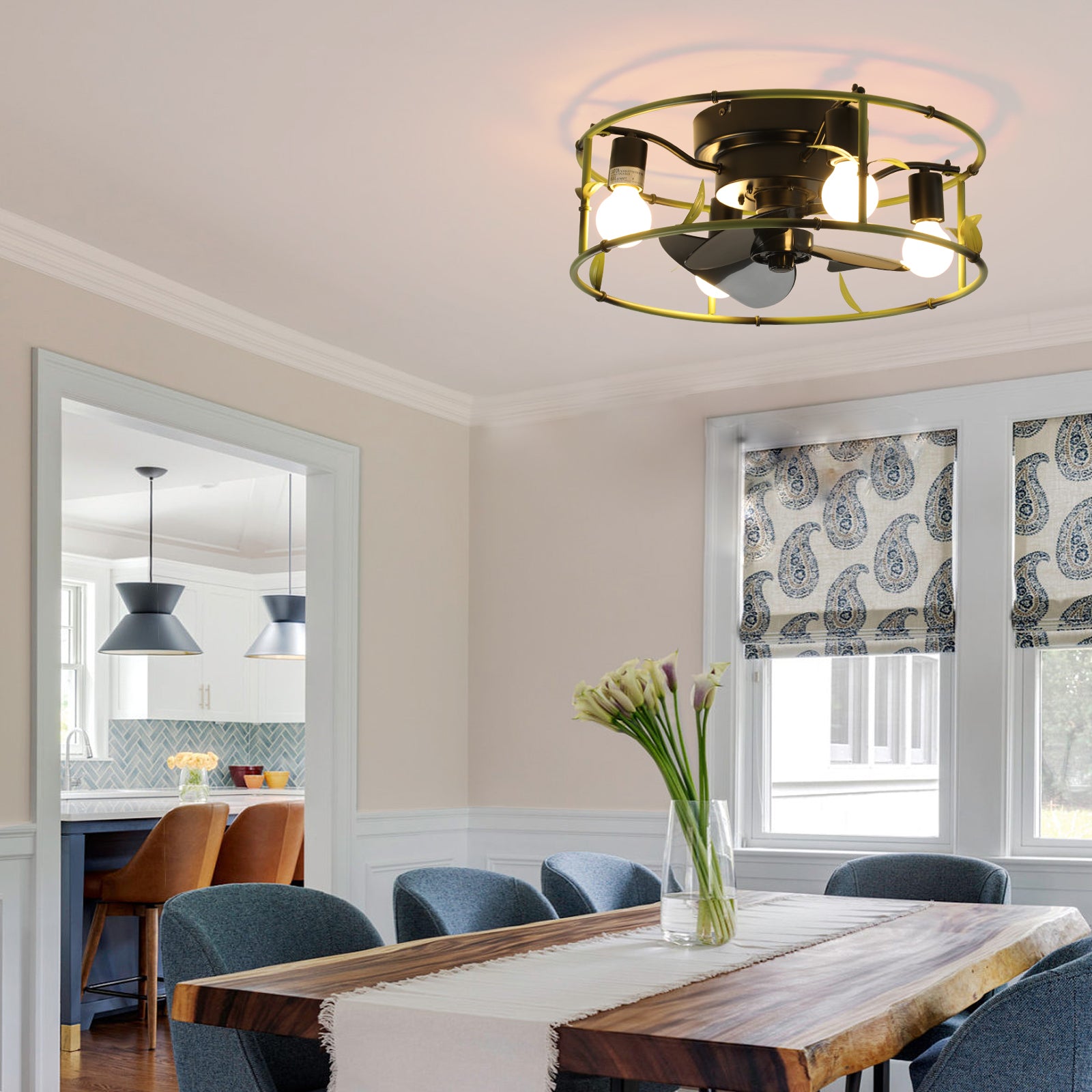 Flush Mount Ceiling Fans With Lights And Remote Control Green Caged Low Profile Ceiling Fan Modern Metal Ceiling Fanfor Farmhouse Dining Room Bedroom Kitchen Living Room Green Modern Iron