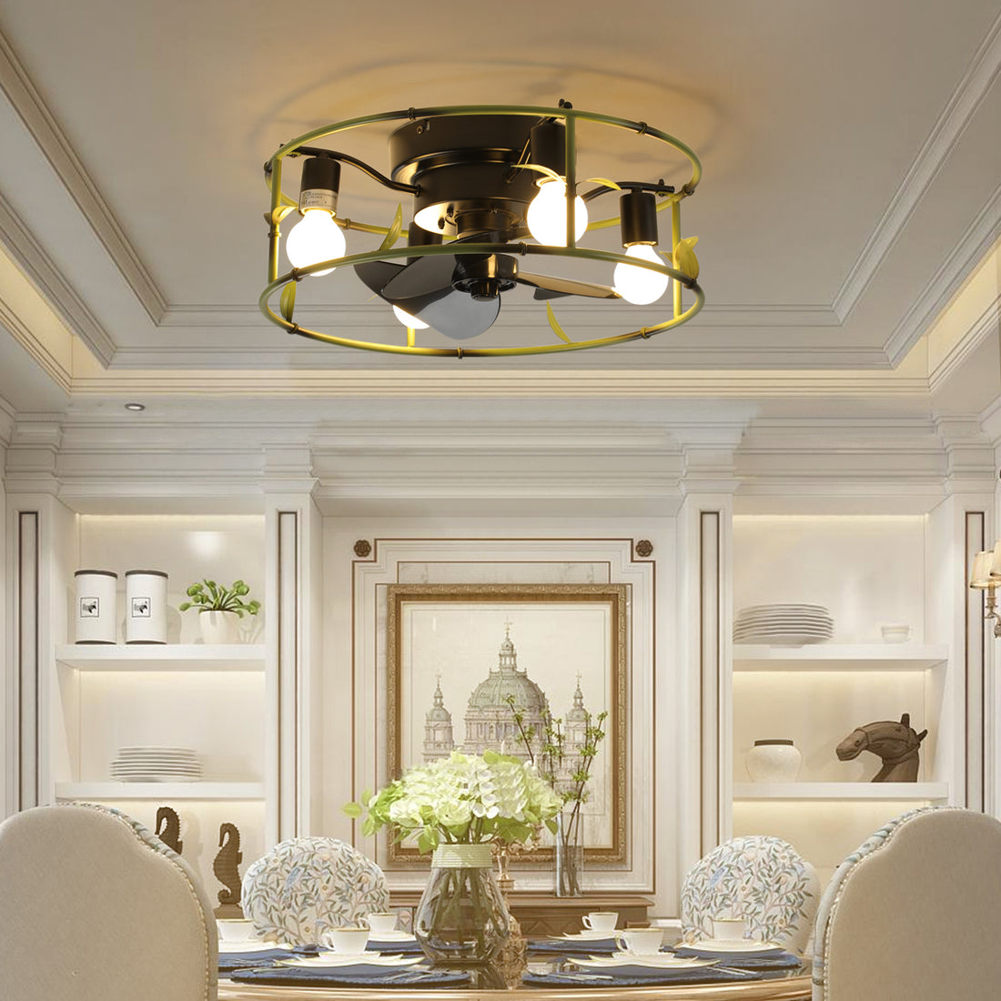 Flush Mount Ceiling Fans With Lights And Remote Control Green Caged Low Profile Ceiling Fan Modern Metal Ceiling Fanfor Farmhouse Dining Room Bedroom Kitchen Living Room Green Modern Iron