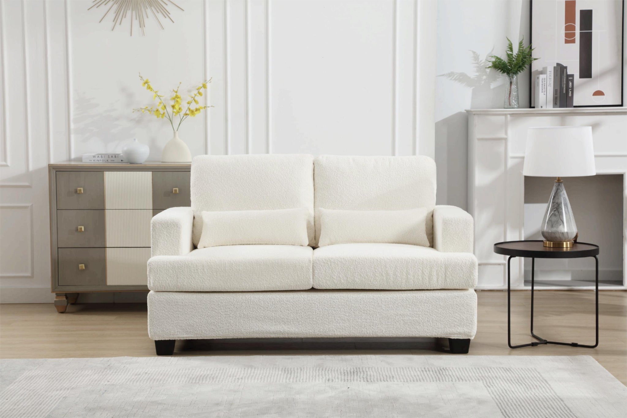 63" Length Modern Loveseat For Living Room, Sofas & Couches With Square Armrest, Removable Back Cushion And 2Pcs Waist Pillow White&Gray Fabric White Wood Primary Living Space Wood 2 Seat