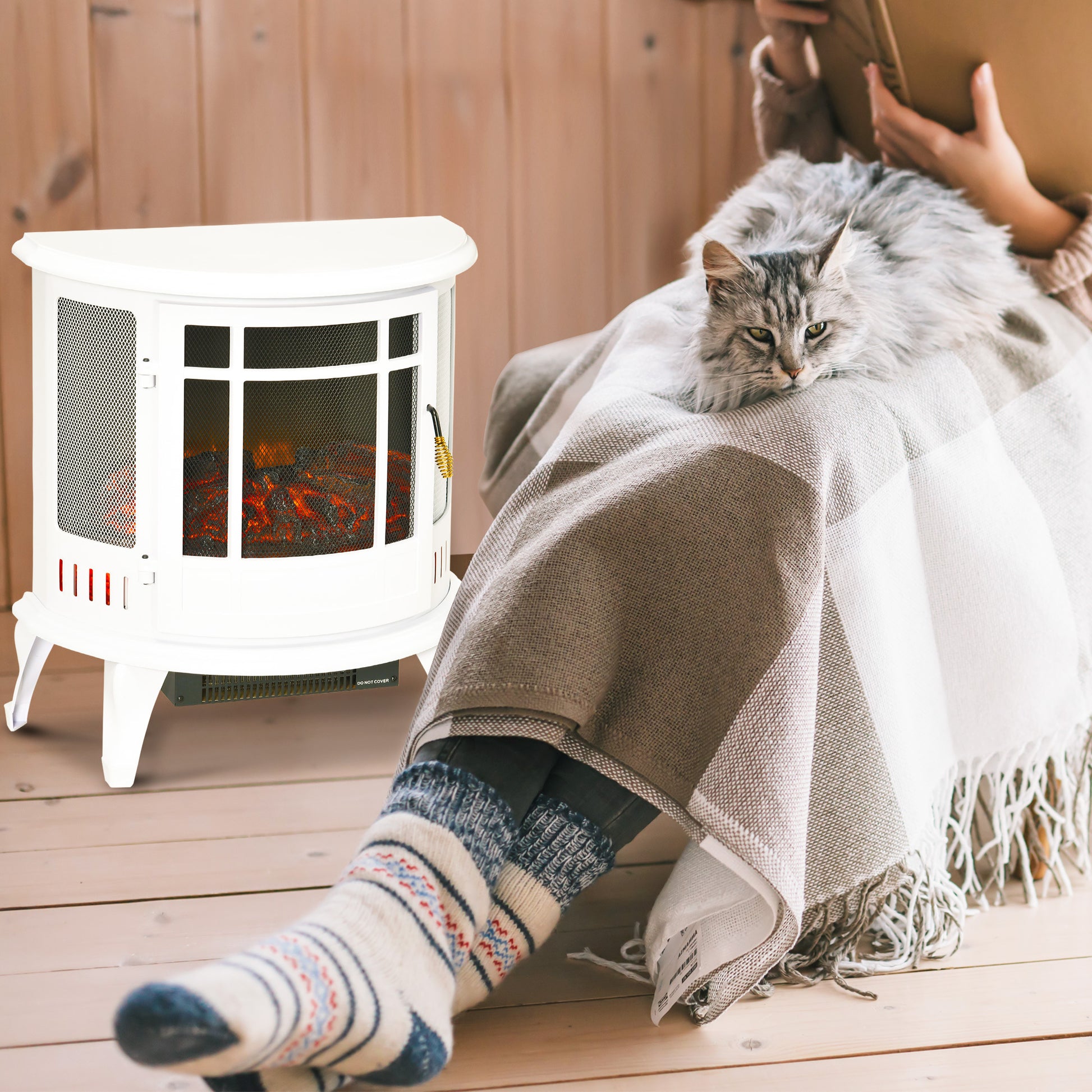 22" Electric Fireplace Stove, Freestanding Electric Fire Place Heater With Realistic Led Flame, Adjustable Temperature, 1500W, White White Polypropylene