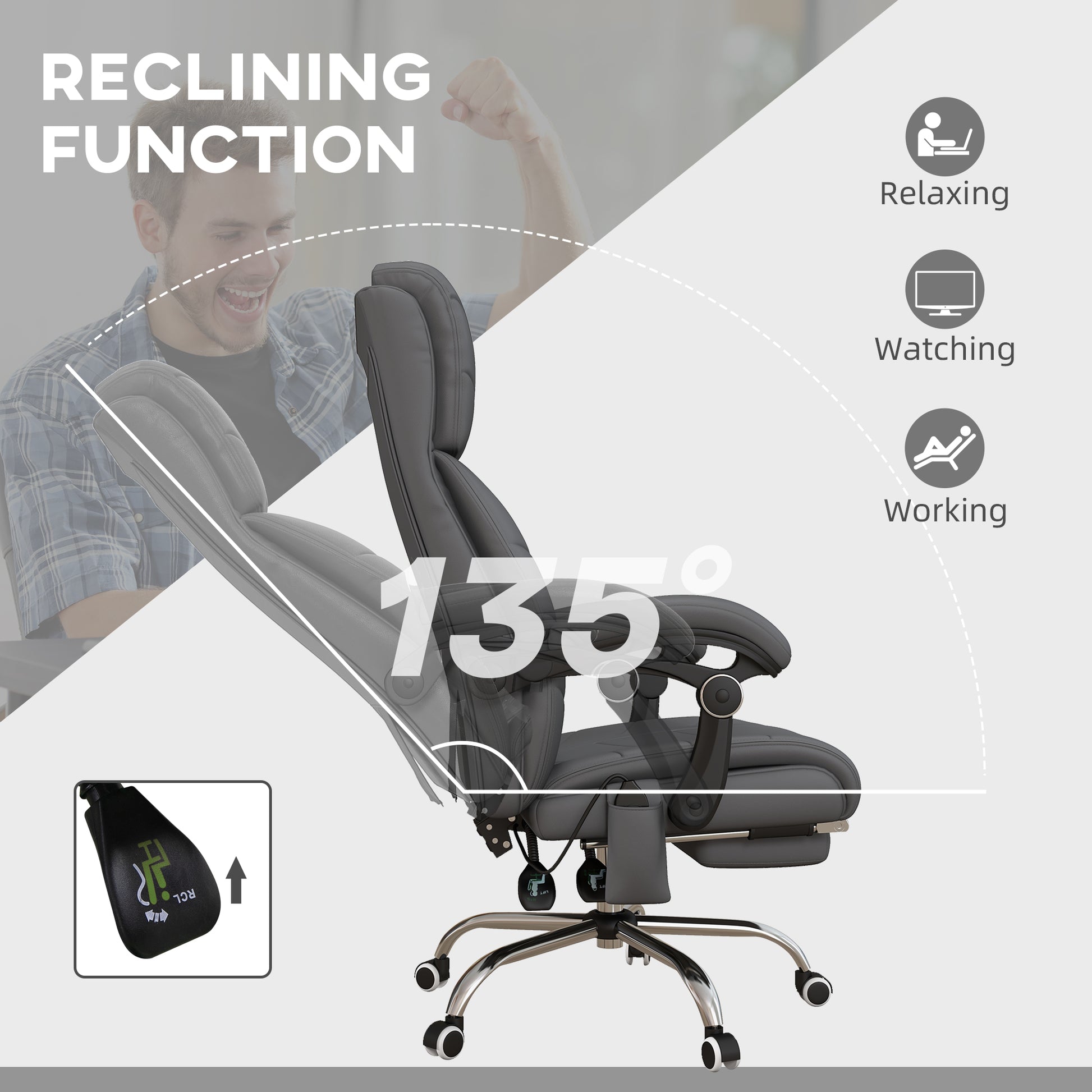 Executive Massage Office Chair With 4 Vibration, Computer Desk Chair, Pu Leather Heated Reclining Chair With Adjustable Height, Swivel Wheels, Gray Gray Pu Leather