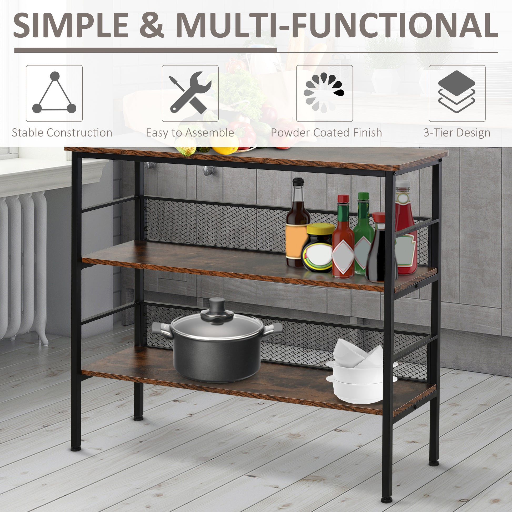 3 Tier Console Table Industrial Style Storage Metal Wooden Shelf With A Robust Multi Functional Design & Adjustable Feet, Black Rustic Brown Mdf Steel