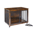 Furniture Style Dog Crate Side Table With Rotatable Feeding Bowl, Wheels, Three Doors, Flip Up Top Opening. Indoor, Rustic Brown, 43.7