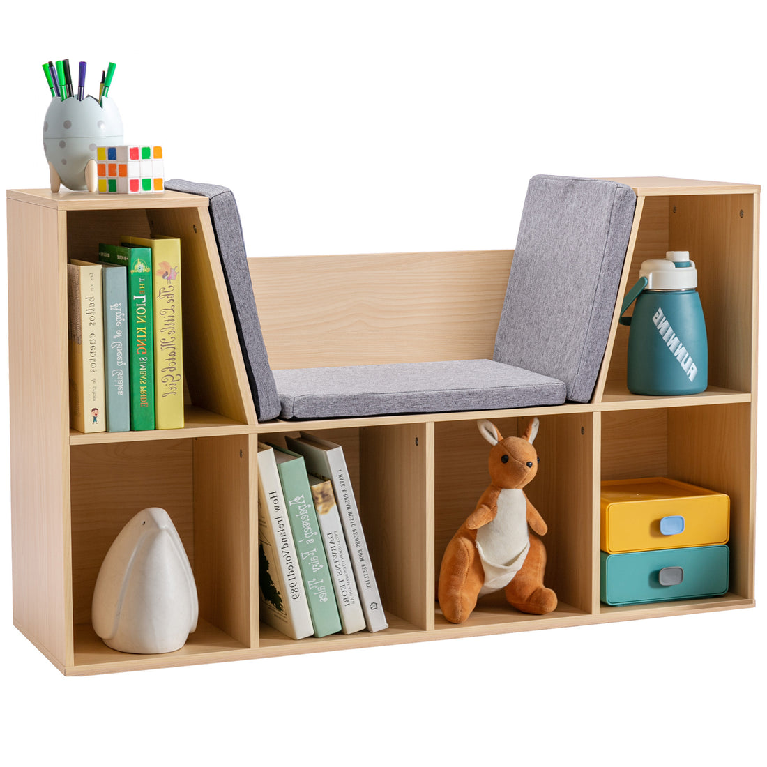 6 Cubby Kids Bookcase With Reading Nook And Cushion, Multi Purpose Storage Organizer For Bedroom, Living Room, Natural Natural Mdf