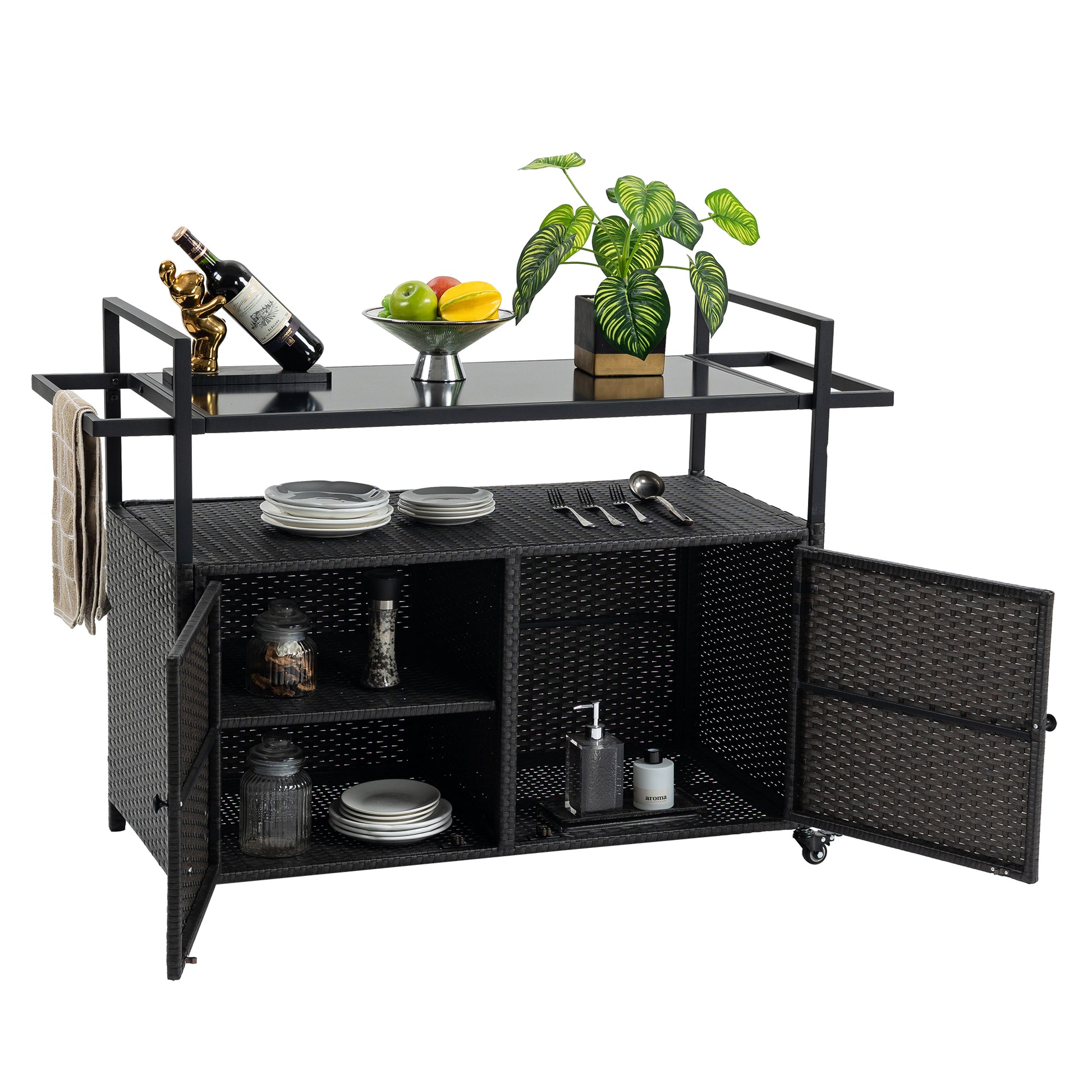 Outdoor Wicker Bar Cart, Patio Wine Serving Cart W Wheels, Rolling Rattan Beverage Bar Counter Table W Glass Top For Porch Backyard Garden Poolside Party, Black No Black Garden & Outdoor Steel