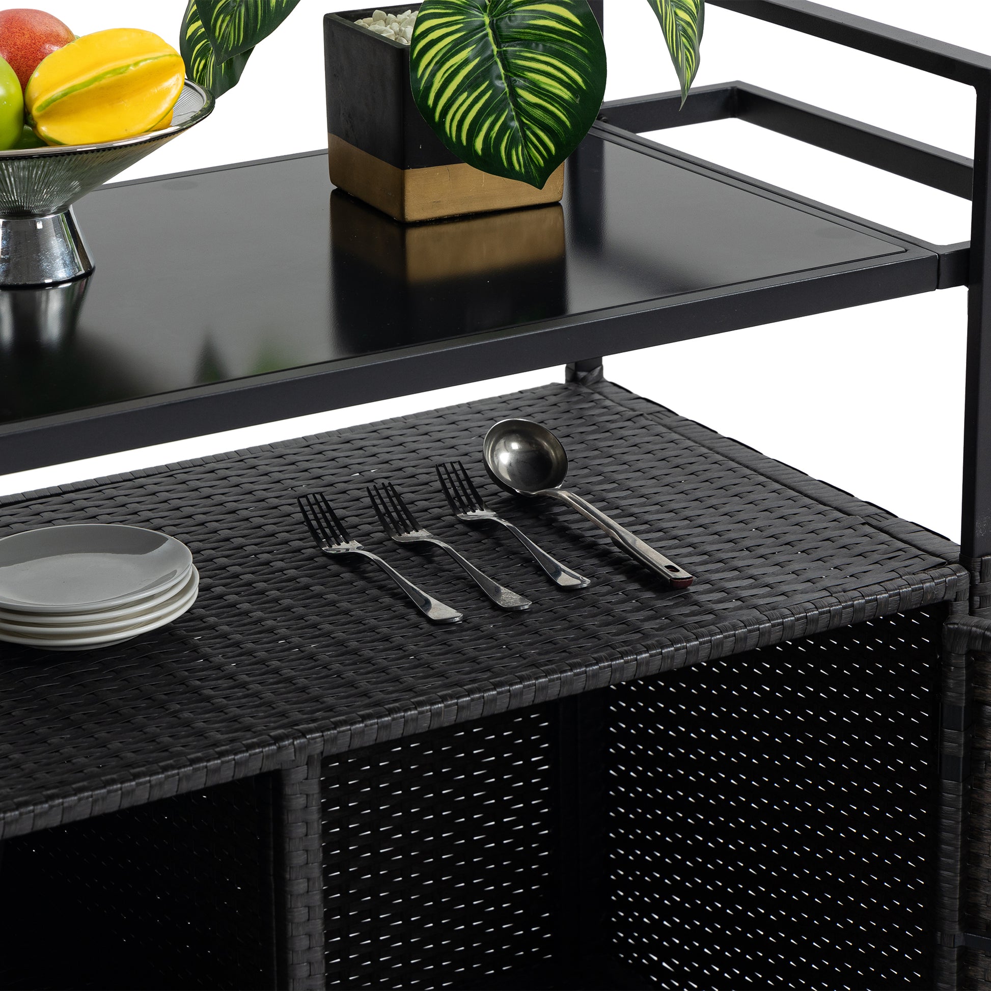 Outdoor Wicker Bar Cart, Patio Wine Serving Cart W Wheels, Rolling Rattan Beverage Bar Counter Table W Glass Top For Porch Backyard Garden Poolside Party, Black No Black Garden & Outdoor Steel