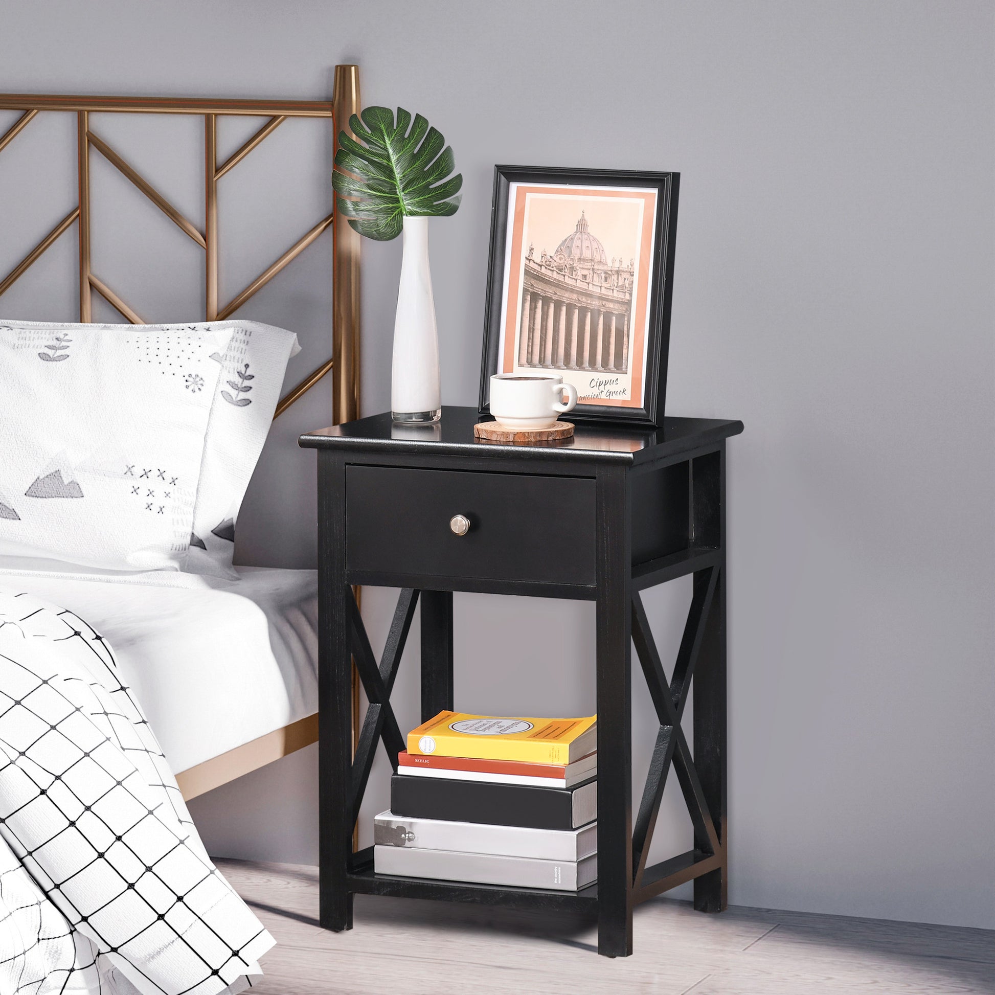 Side Table, Farmhouse End Table With Storage Drawer, Open Shelf And X Frame, Bedside Table For Living Room, Black Black Engineered Wood