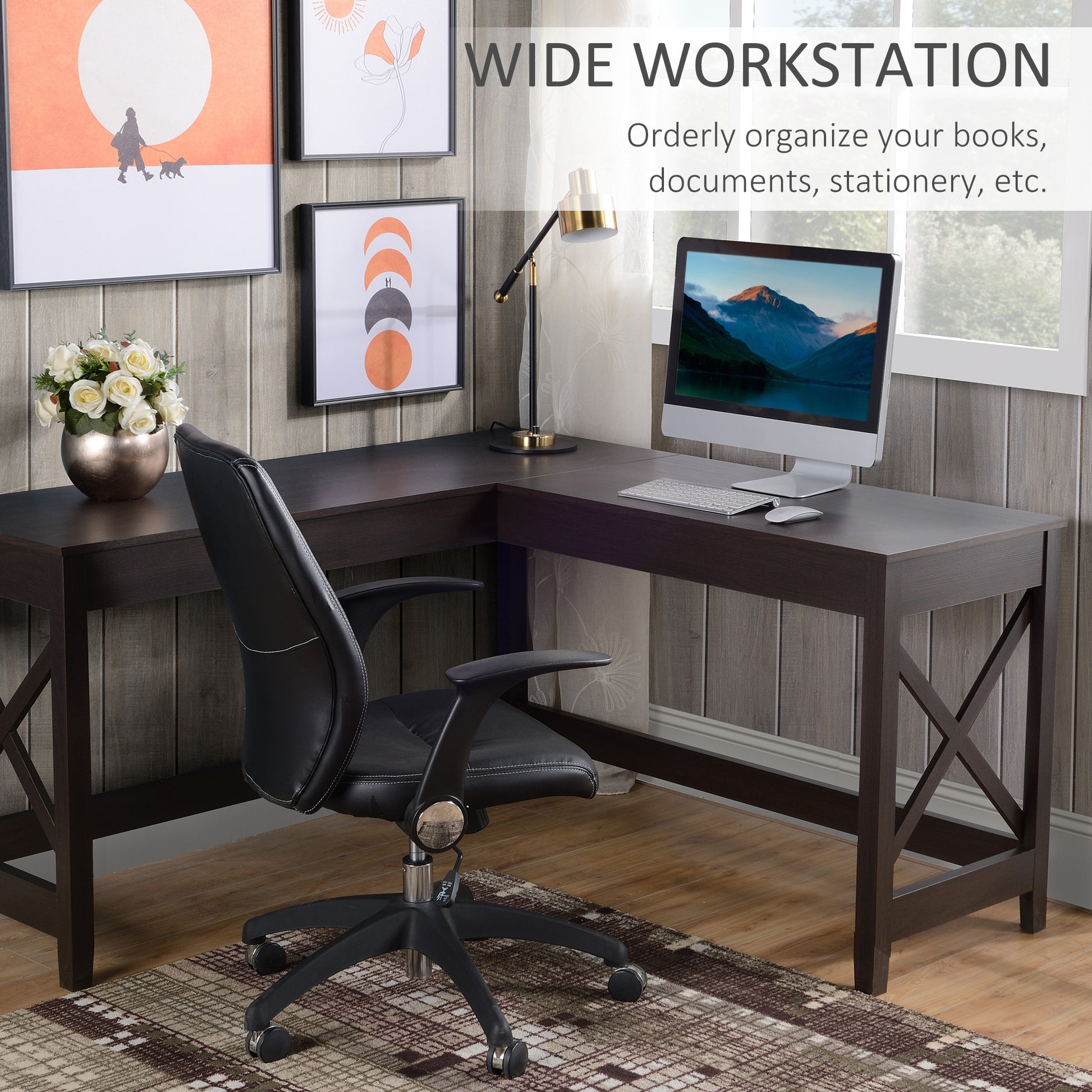 57" L Shaped Corner Desk, Computer Home Office Desk And Writing Table, Brown Brown Particle Board