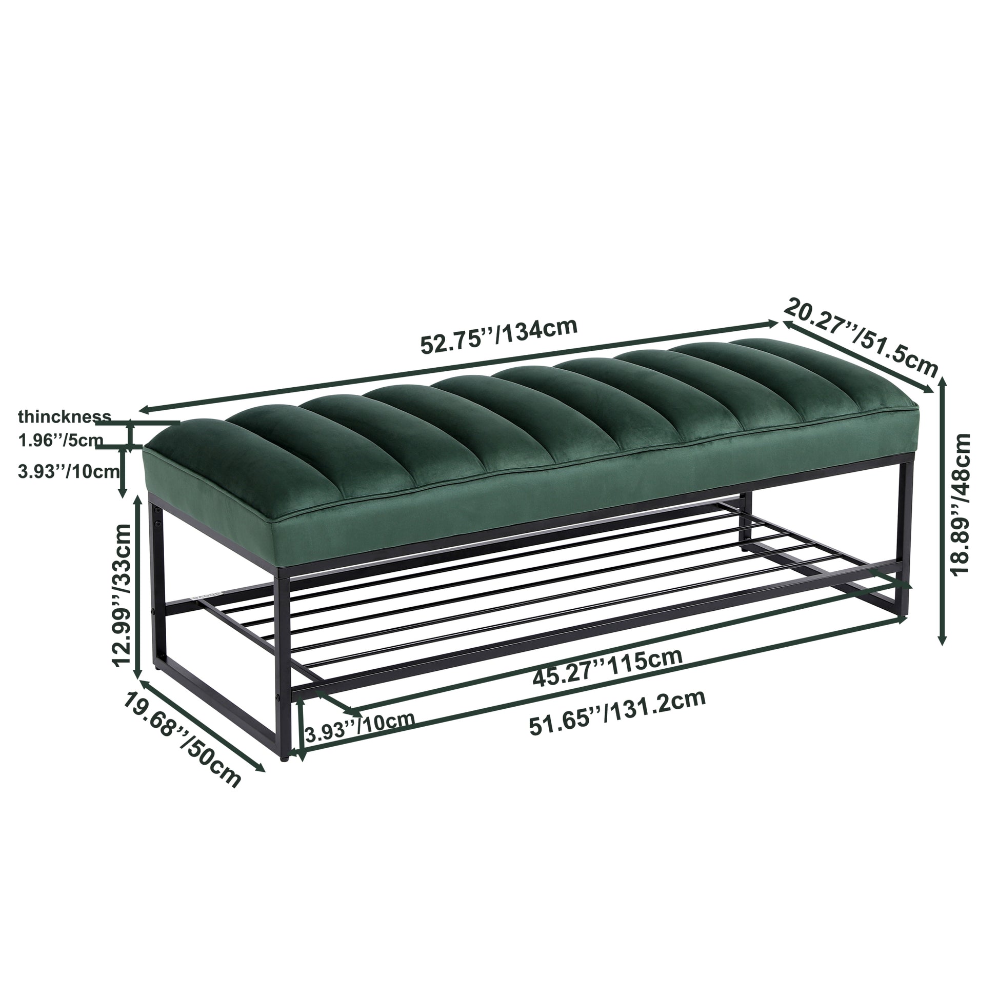 Green Velvet Channel Tufted Ottoman Bench Accent Upholstered Bendroom End Of Bed Bench With Storage Shelf Green Green Primary Living Space Rectangular Modern Foam Velvet