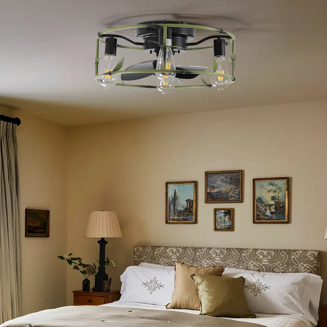 Flush Mount Ceiling Fans With Lights And Remote Control Green Caged Low Profile Ceiling Fan Modern Metal Ceiling Fanfor Farmhouse Dining Room Bedroom Kitchen Living Room Green Modern Iron