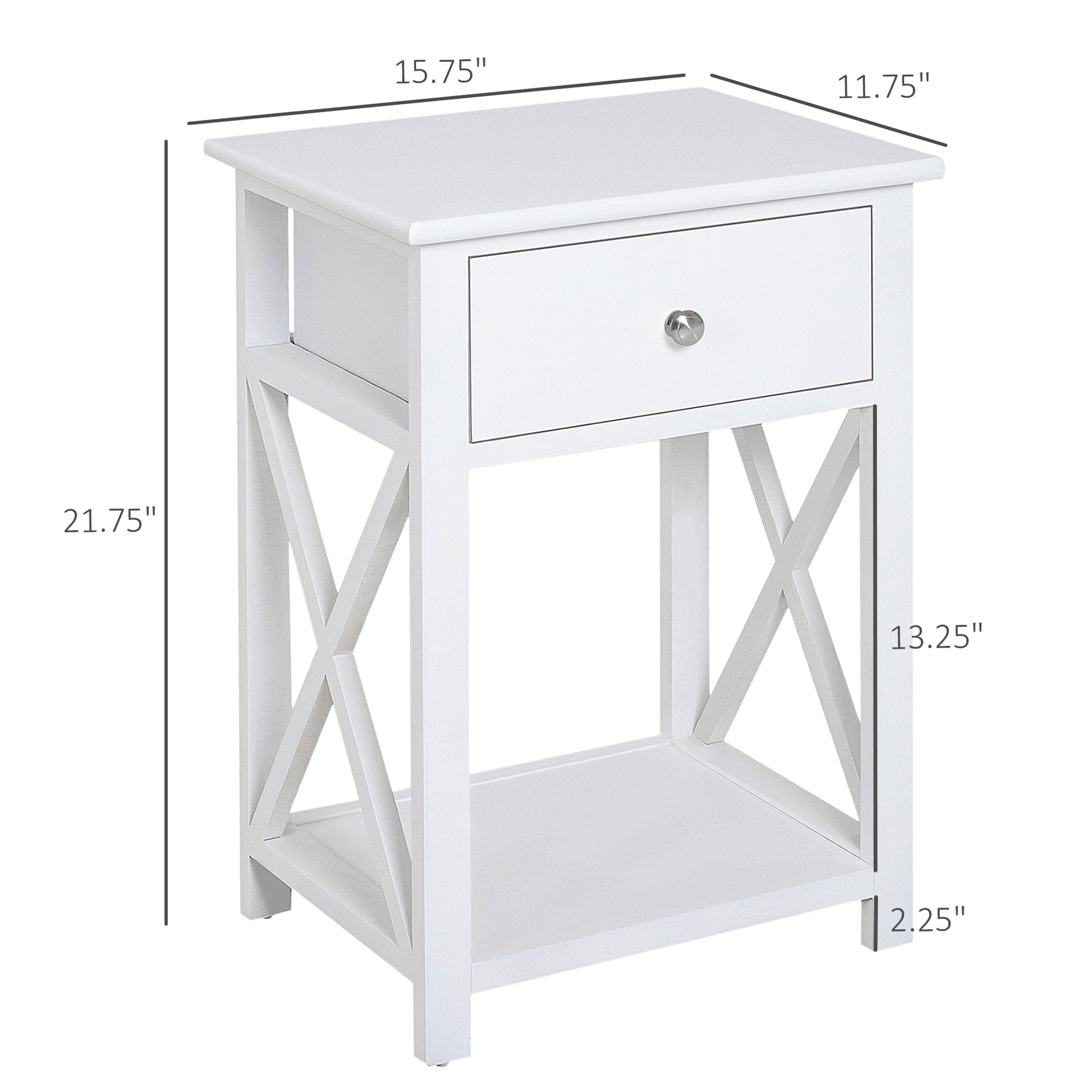 Side Table, Farmhouse End Table With Storage Drawer, Open Shelf And X Frame, Bedside Table For Living Room, White White Engineered Wood