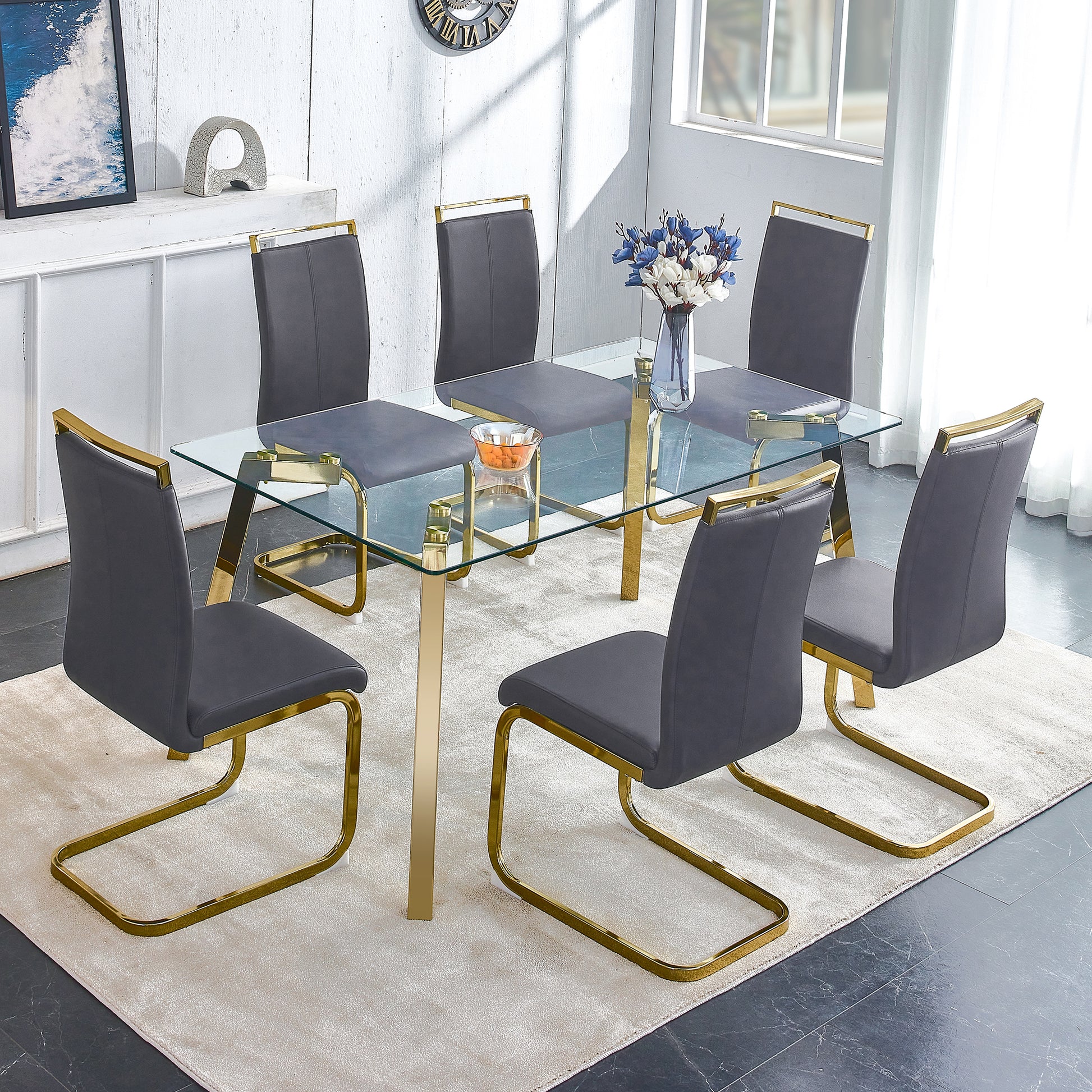 Modern Minimalist Style Rectangular Glass Dining Table With Tempered Glass Tabletop And Golden Metal Legs, Suitable For Kitchen, Dining Room, And Living Room, 63 Inches * 35.4 Inches * 30 Inches