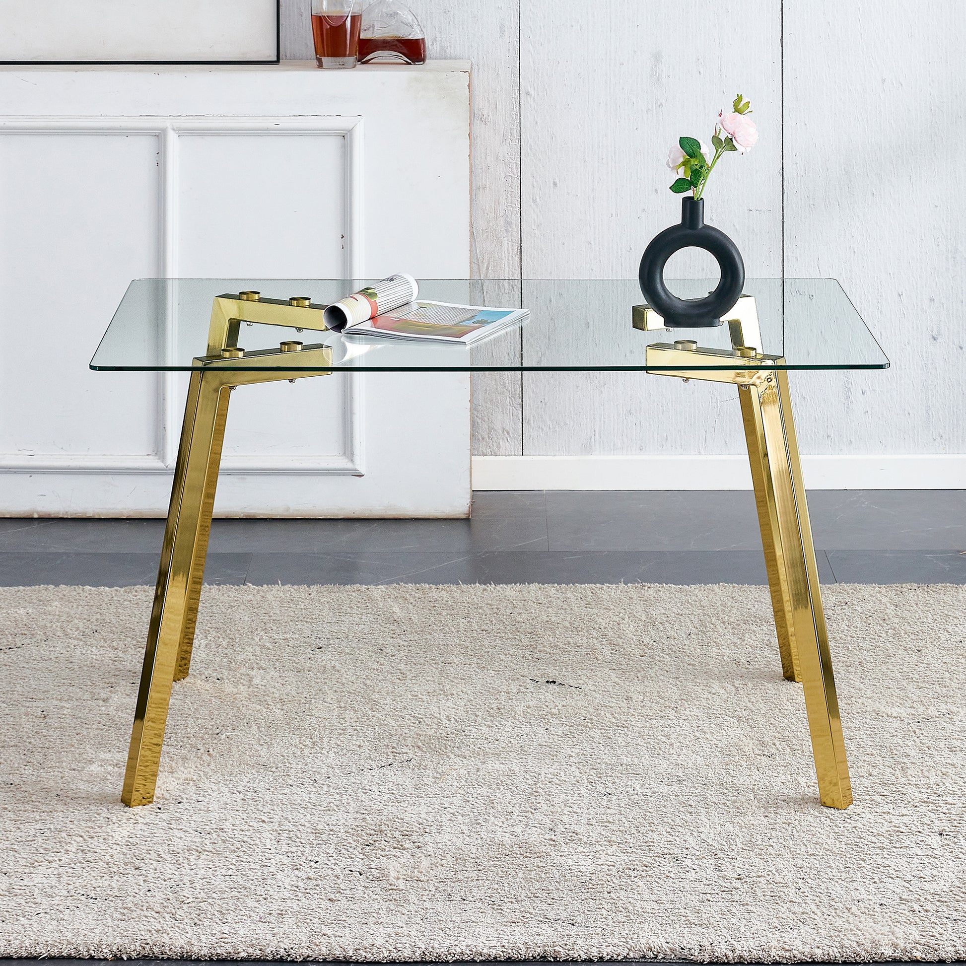 Modern Minimalist Style Rectangular Glass Dining Table With Tempered Glass Tabletop And Golden Metal Legs, Suitable For Kitchen, Dining Room, And Living Room, 51 " * 31.5 " * 29.5 "1123 Transparent Glass