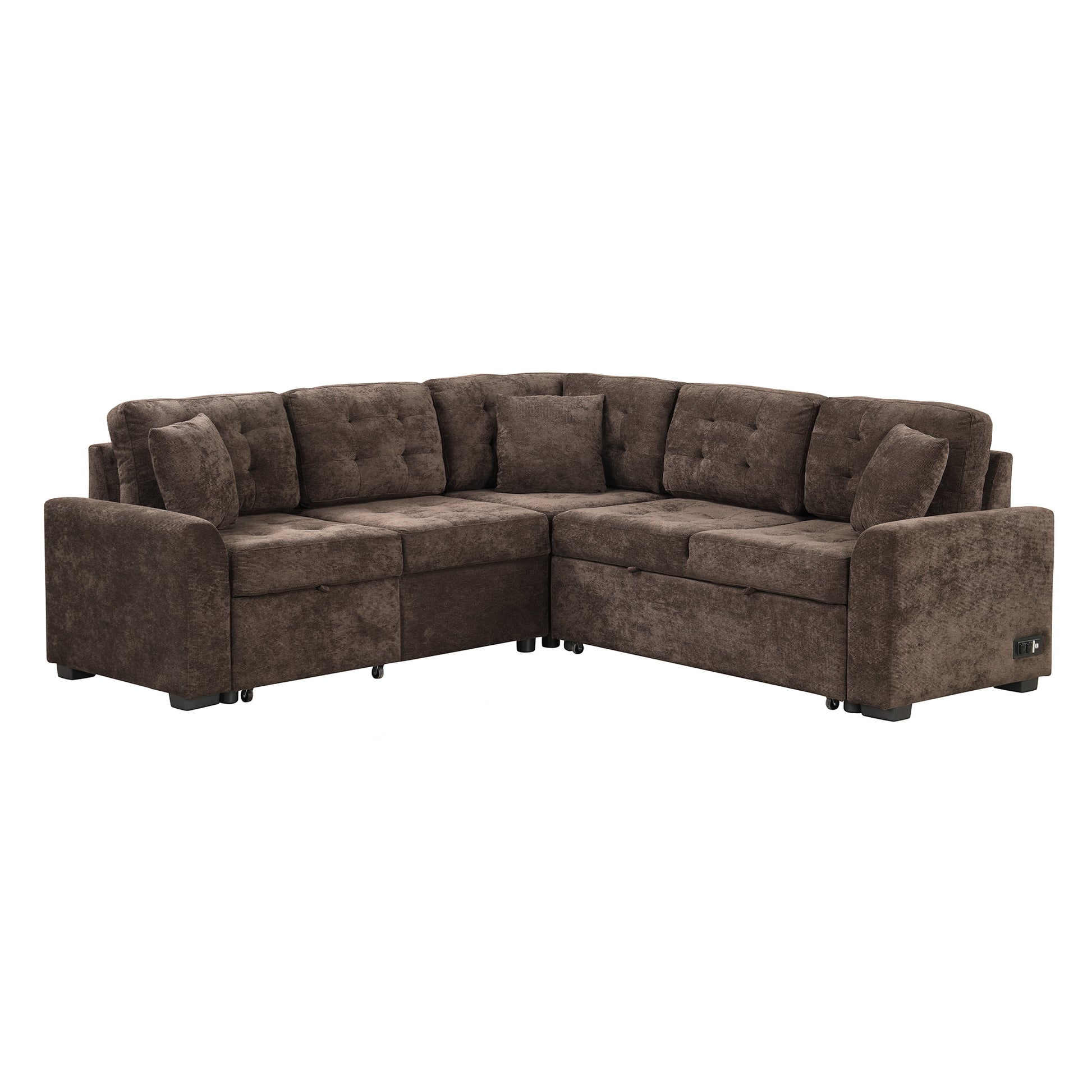 82.6" L Shape Sofa Bed Pull Out Sleeper Sofa With Wheels, Usb Ports, Power Sockets For Living Room, Brown Brown Foam Velvet