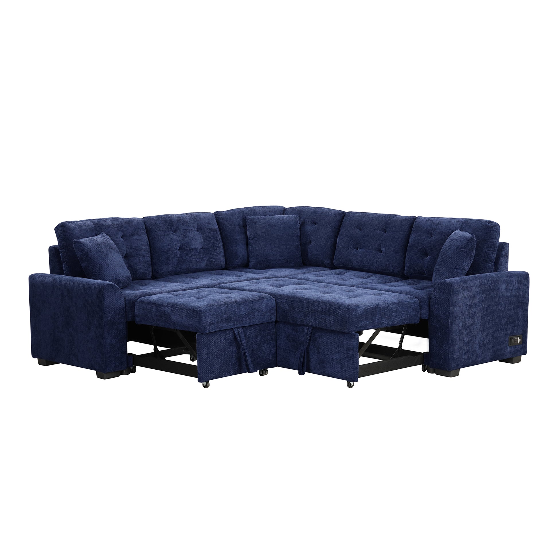 82.6" L Shape Sofa Bed Pull Out Sleeper Sofa With Wheels, Usb Ports, Power Sockets For Living Room, Navy Blue Navy Blue Foam Velvet